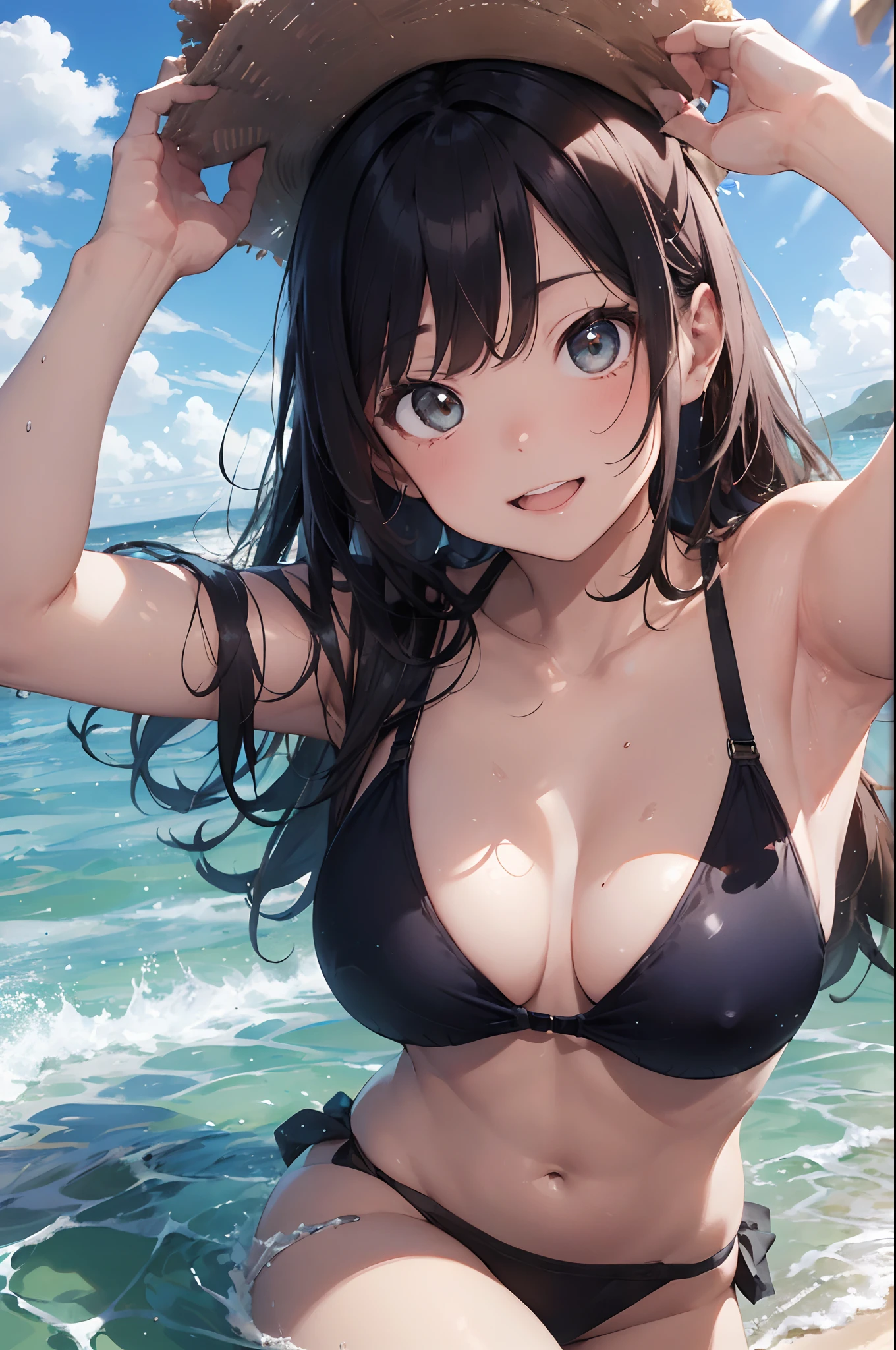 High resolution,
One beautiful young woman,
(soft saturation: 1.3), (fair skin: 1.2),
(ultra-detailed background, detailed background), bokeh,
Portrait of smiling girl breaking. When viewed from the front, the composition is symmetrical.
Look straight at you with serious eyes and break
yellow swimsuit, yellow bikini, middle breast,
outdoor, sea surface, sky, sunshine, summer beach, sand,
strong light, front light,
(ager: 1.3), (Cowboy Shot: 1.2), Break
angle from the front,
Look at the viewer,
Dynamic Pose,
Sitting on the beach
Wakame, wakame, wakame, wakame, wakame, wakame, wakame,