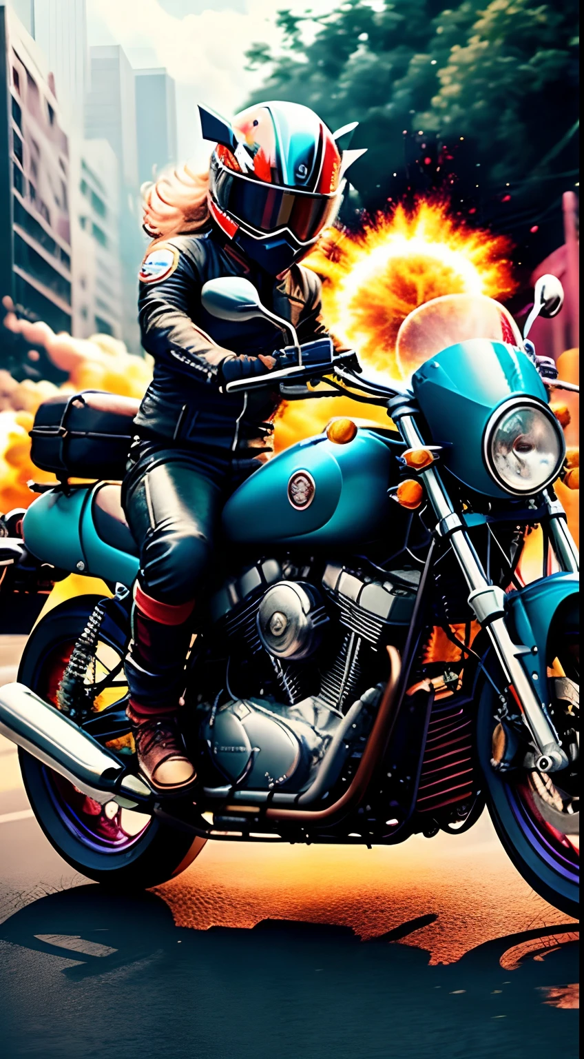 arafed woman sitting on a motorcycle with a sunset in the background, sitting on a motorcycle, riding a motorcycle, picture of a female biker, motorcycles, motorcycle, cover, riding, motorbiker, illustrative!!, biker, very close shot, chrome motorcycle parts, profile picture, wear a plaid shirt, riding a motorbike,open chest