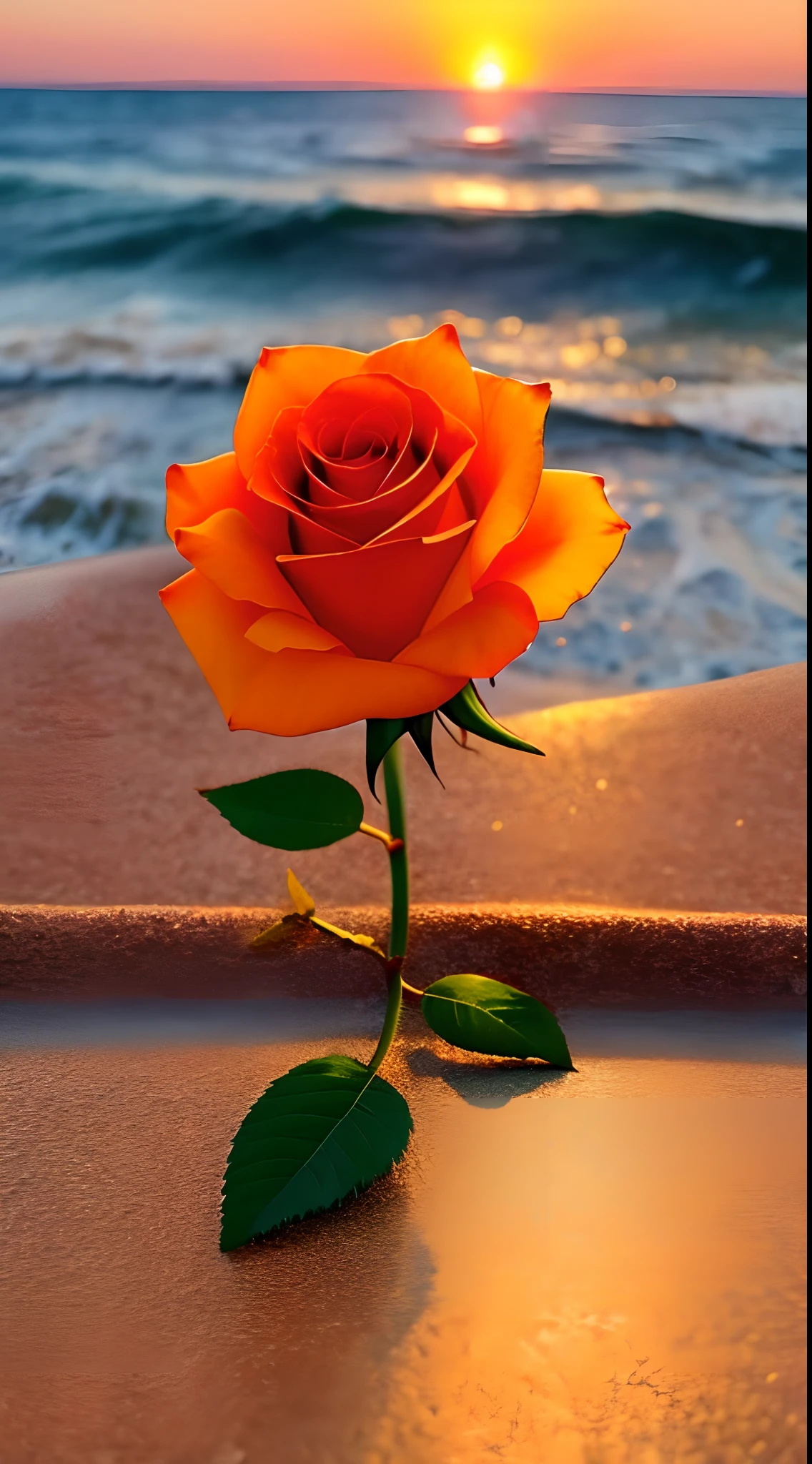 Close-up shot, a rose flower, the background is the gorgeous sunset by the sea, real texture, warm