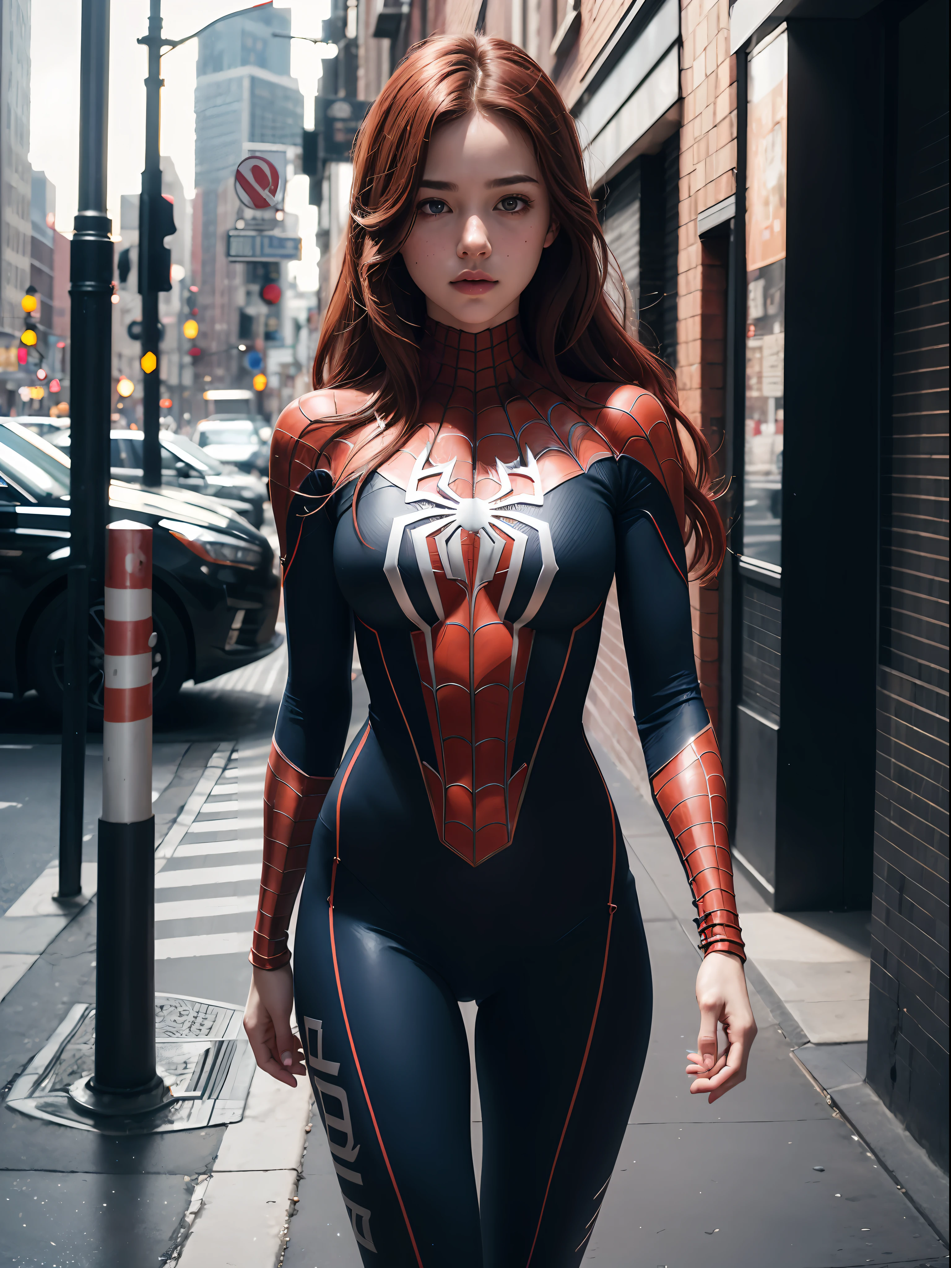 extremely detailed CG,UHD wallpaper, Extreme details,(realistic:1.2),(((best quality))), ((ultra-detailed)), (cute detailed face:1.2), {{highly detailed face}},beautiful and aesthetic,1girl,(masterpiece:1.4),glowing skin,dramatic shadows, intense shadows, SIGMA 35mm F1.4, ISO 200 Shutter Speed 2000,Photorealism,{photorealistic}, photogenic, Girl, finely detailed,HIGH RES, {{intricate detail}},(((beautiful detailed lighting))),beautiful detailed colorful eyes, best quality, 1girl, masterpiece, best quality, 8k, detailed skin texture, detailed cloth texture, beautiful detailed face, intricate details, ultra detailed, european youth, european beauty, Spider-Man uniform, straight red hair, freckles, sit on the edge of a skyscraper, wide open legs, erotic face,