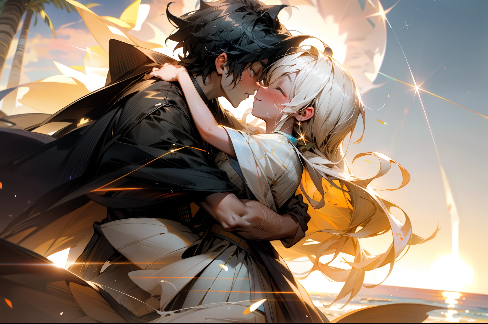 Tanabata night,sandbeach,beachside,Colorful sunset,Young men and women kissing,Look at each other and laugh,Kiss the tip of your nose,Romantic atmosphere,Love bubbles,Sweet,sparkler,Photographic lenses,Close-up of the shot,lens flare glow,Best quality,8k wallpaper