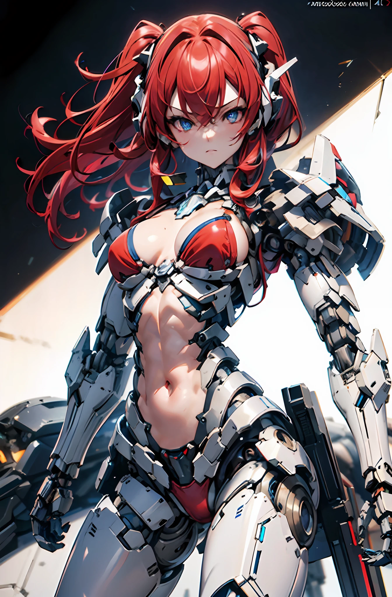 (bare chest and navel), robot, masterpiece face, masterpiece eyes, (feminine machine body), (machine joints, Mechanical skelton and Artificial muscle:1.3), mechanical skin, machine flanks, (Machine internal structure exposure:1.2), (red long hair), (mechanical bikini armor:), cowboy_shot, side focus, shiny, cyber punk, Masterpiece, best quality, captures a super cute moment, depth of field, ultra detailed, ultra high resolution, C4D, Octadale, 3D modeling, 8k, 16k,