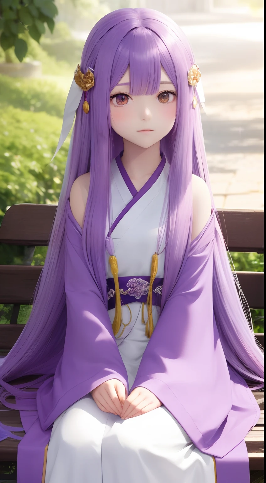 Image of Arafard of a woman with long purple hair sitting on a bench, Anime girl with long hair, violet long hair, flowing hair and long robes, cute anime waifu in a nice dress, purple flowing hair, Beautiful anime girl, Guviz, Anime goddess, Palace ， A girl in Hanfu, Beautiful anime style, up of young anime girl, white hime cut hairstyle