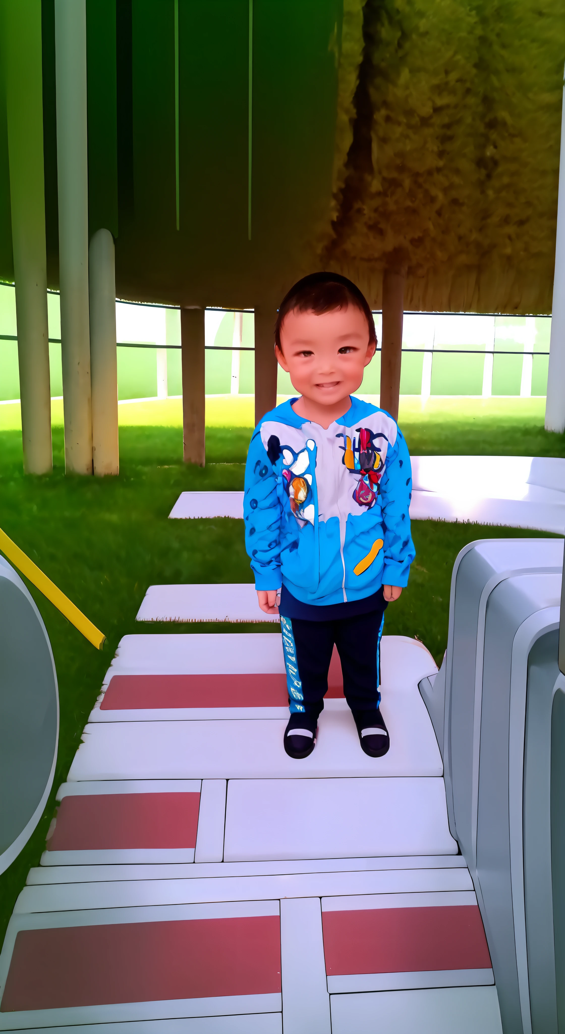 standing on a football field, Wear a chestnut short-sleeved sweatshirt,Lovely,friendly,Boy with short hair,Pink baby face,Showy,Happy warm smile,Bright round eyes,Long eyelashes, for 6 years ol on body