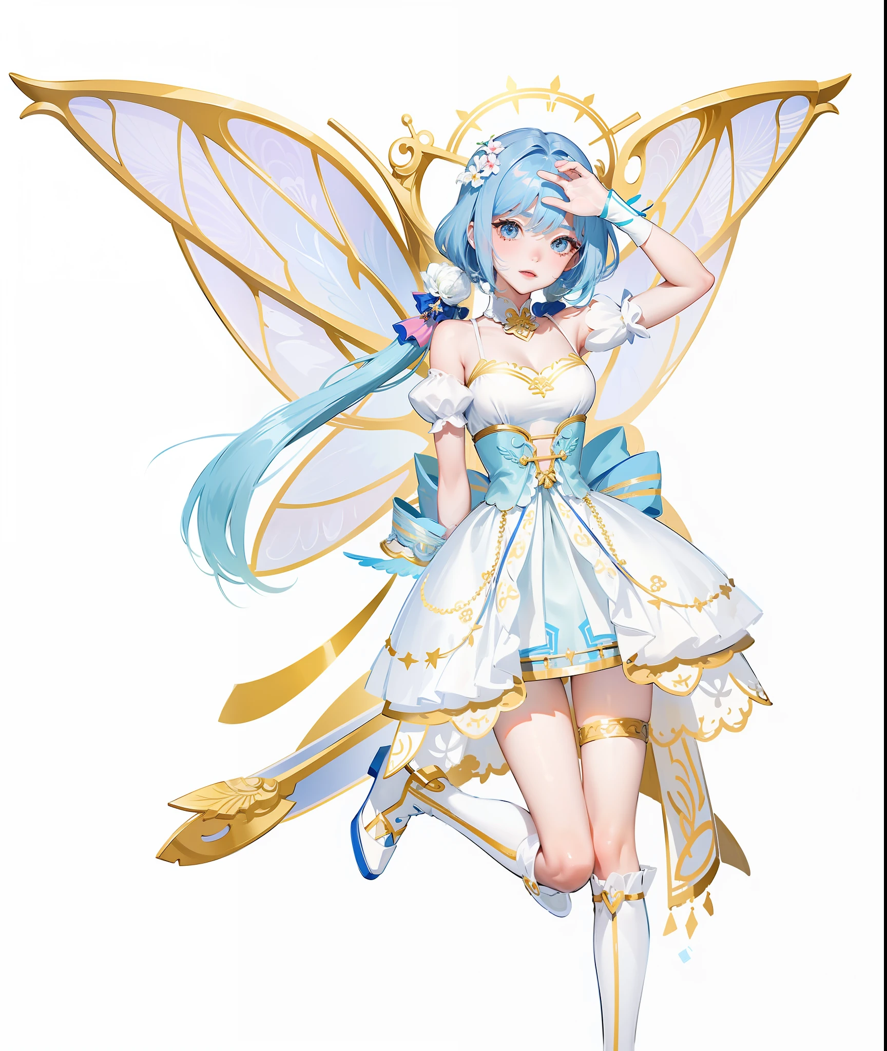 tmasterpiece,Need,super-fine,Semi-realistic,IG model | Art germ, Art germ on ArtStation Pixiv, Art germ. High detail, Art germ. anime illustration,Anime fairy with blue hair and white dress, smiling as a queen of fairies, astral fairy, official character art, pixie character, ethereal wings, official character illustration,\'s grecian nose, Cai Xukun, Inspired by Bian Shoumin, jungkook, hyung tae, Shot on Canon EOS R 6, shaxi, jia, black haired yoongi, IU, render of april, Beautiful fairy, high detailed official artwork, offcial art, beautiful adult fairy, pretty anime character design, with beautiful wings, Fairy
