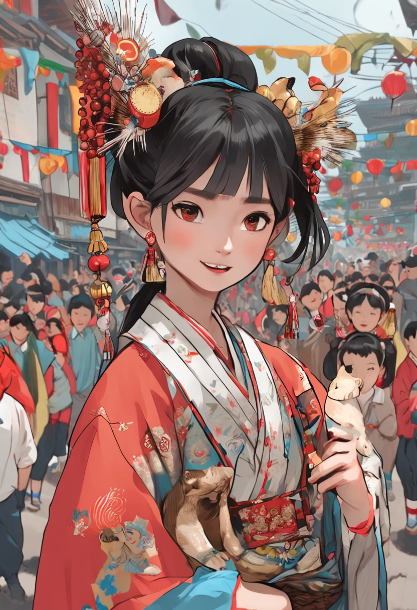 black hair, hair bobbles, wince, longeyelashes, solid circle eyes, fake animal ears, light smile, ear blush, fang, On the street, A grand festive parade is underway。People are dressed in traditional clothing, Dance, Hold aloft a variety of richly decorated flags and props。The painting presents a lively scene of the parade, It captures people's joyful expressions and energetic movements。, Surrealism, drop shadow, anaglyph, stereogram, tachi-e, pov, atmospheric perspective, halftone, from above, panorama, cinematic lighting, 8k, super detail, ccurate, best quality, 1080P