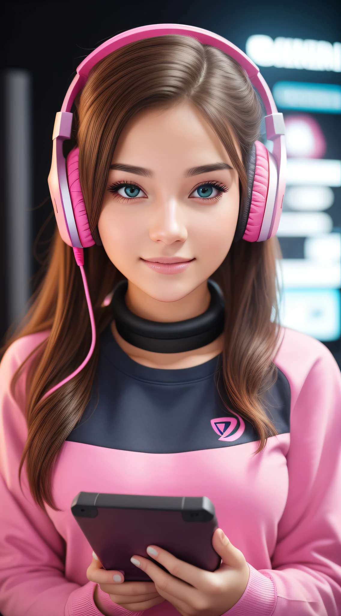 Beautiful young woman with a gaming tablet in her hands, 25 years old, wearing a pink gaming headset, wearing a sweatshirt, gamer backdrop in blurred background, direct eye contact with camera, close-up image, hd, realistic, 8k
