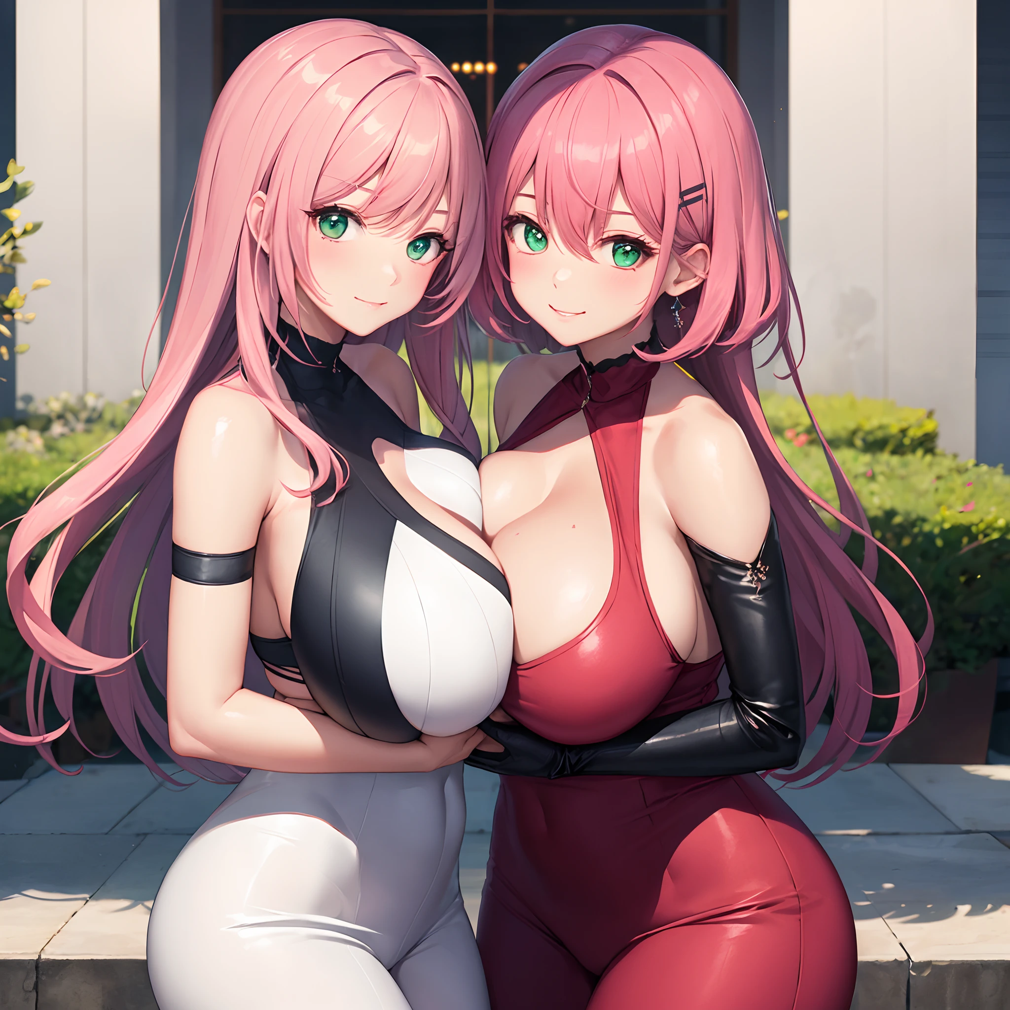 2girls hugging huge natural breasts, pink hair, green hair, gradient hair, symmetrical embrace, looking at viewer