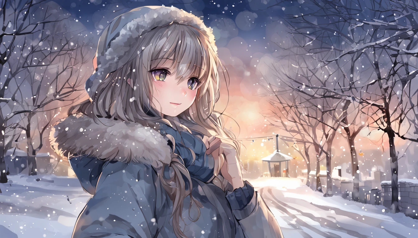 anime girl, 1girl, snowy winter night, faraway shot, looking at camera