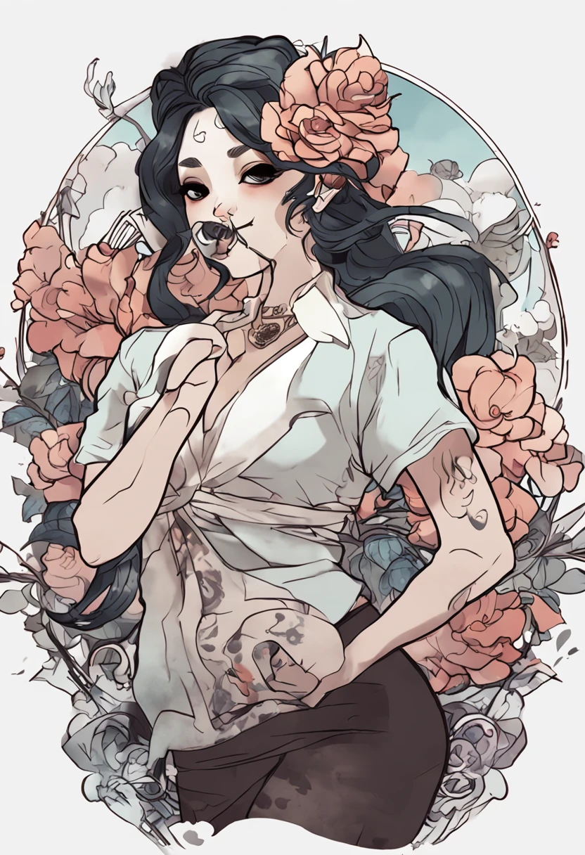 Design a Skullgirls-style character: a young white woman with long black hair, adorned with watercolor flowers. She should have wide hips, a small waist, and a modest bust, maintaining a cartoon charm. Create a random pose, using watercolor and pastel colors for a non-anime, non-realistic aesthetic. Include Japanese-style cloud tattoos on her body. Render in 4K, full-body. Vary outfit for aesthetic appeal. Proportions in face and body should follow the golden ratio. Facial details are crucial for her allure.