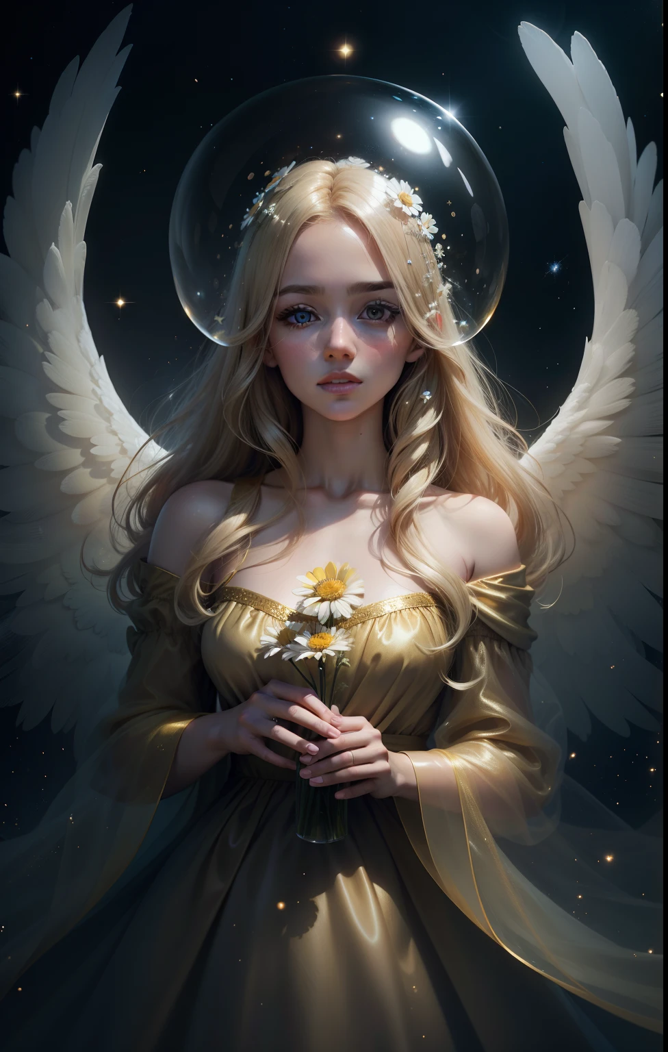 in a golden transparent glass bubble, dark stary background, beautiful blond 30-years-old angel with daisy, 64k resolution hyperdetailed