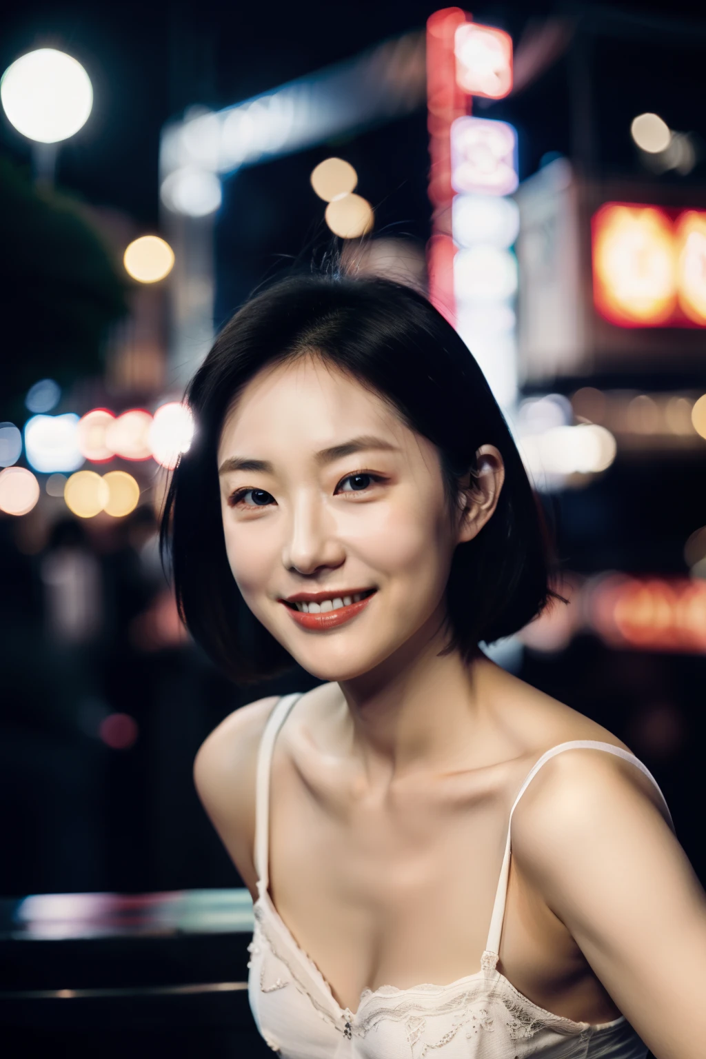 1girl, idol, model, depth of field, photo, film, face, skinny, smile, collarbone,  teeth, movie, camisole, selfie, night,