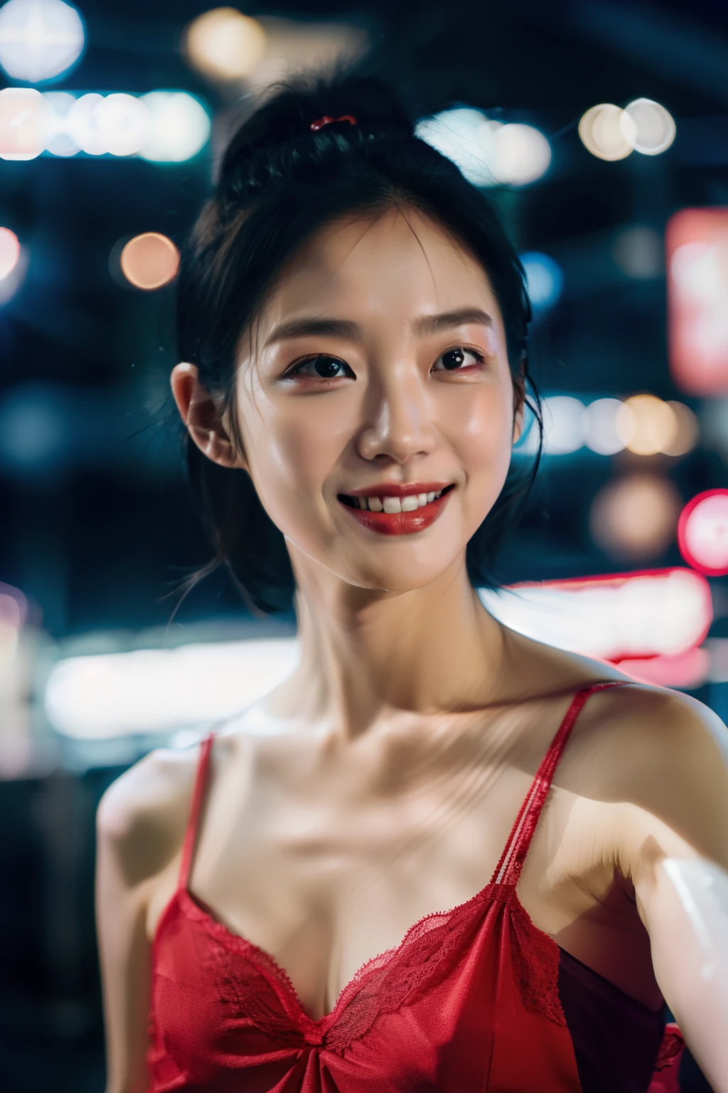 1girl, idol, model, depth of field, photo, film, face, skinny, smile, collarbone,  teeth, movie, camisole, selfie, night,