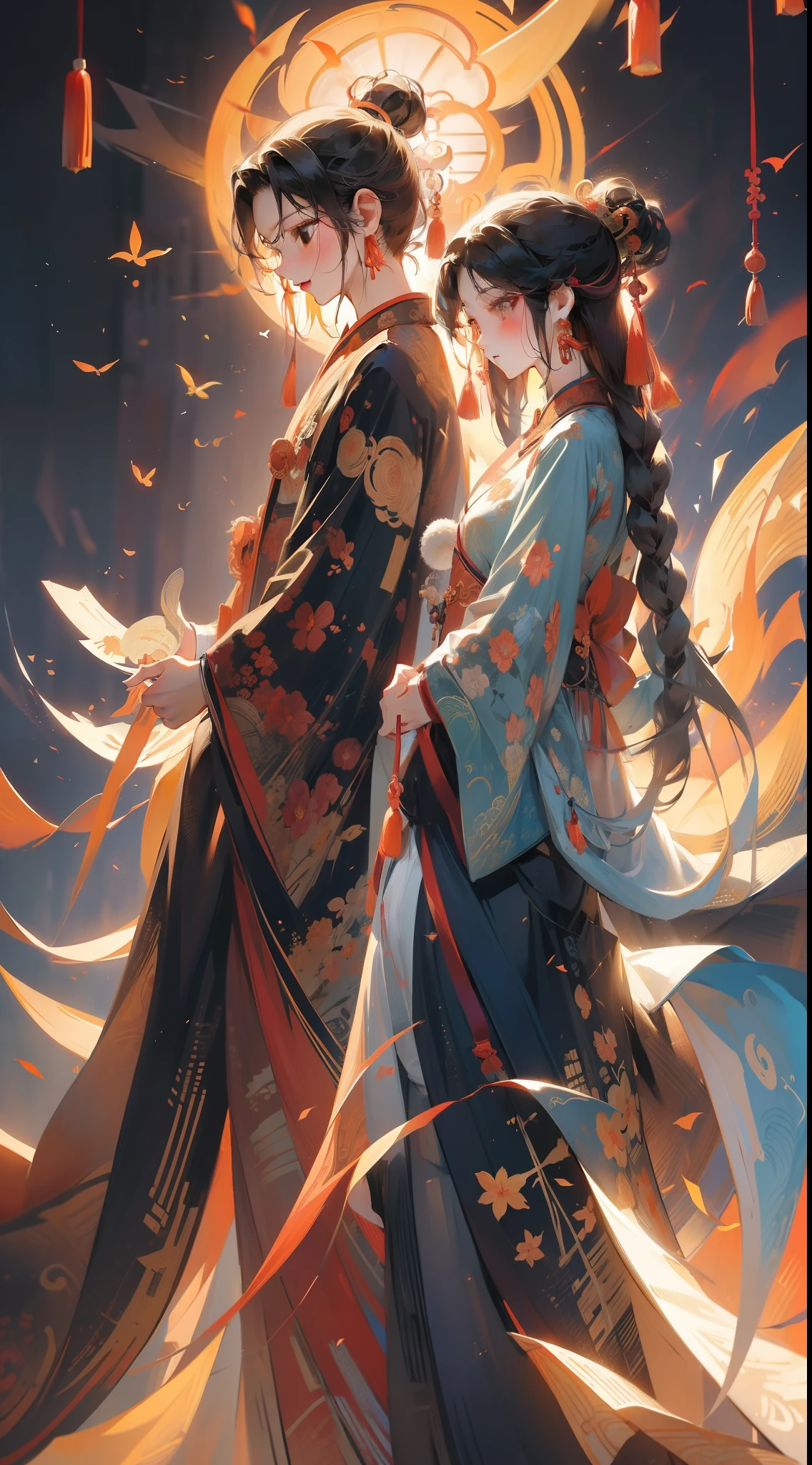A Chinese couple,China Tanabata, Mid-Autumn Festival, Simple vector art,Contemporary Chinese art,Gradient of color,Soft color palette,Whimsical animation,Style Ethereal abstract --ar 3:4 --niji 5 -