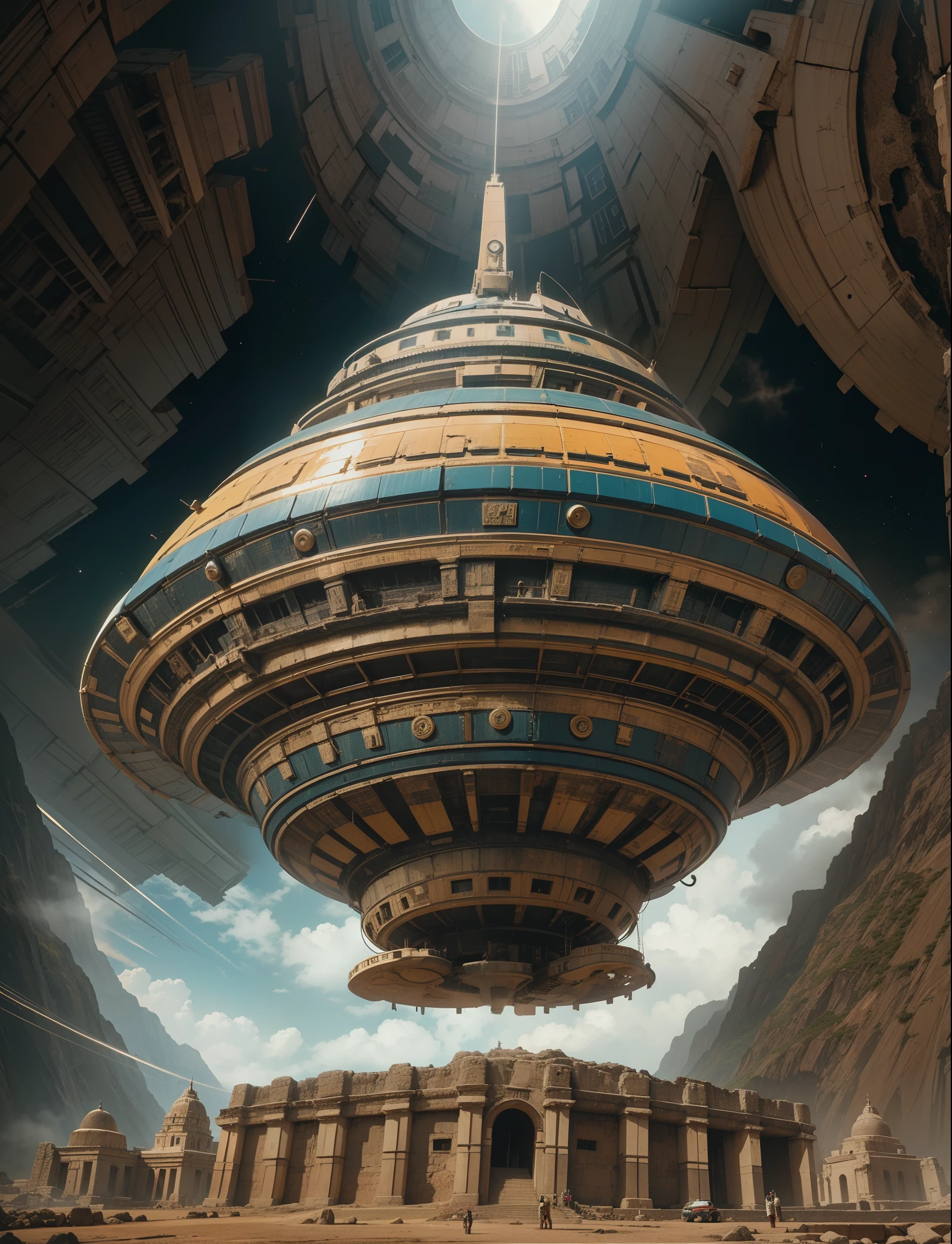 a big alien space ship landing on a Inca temple, Bolivia , alien space ship landing, extra vibrant, highly resolution, highly contrast, detail enhancement, 8K, HD, Best Quality, high quality,