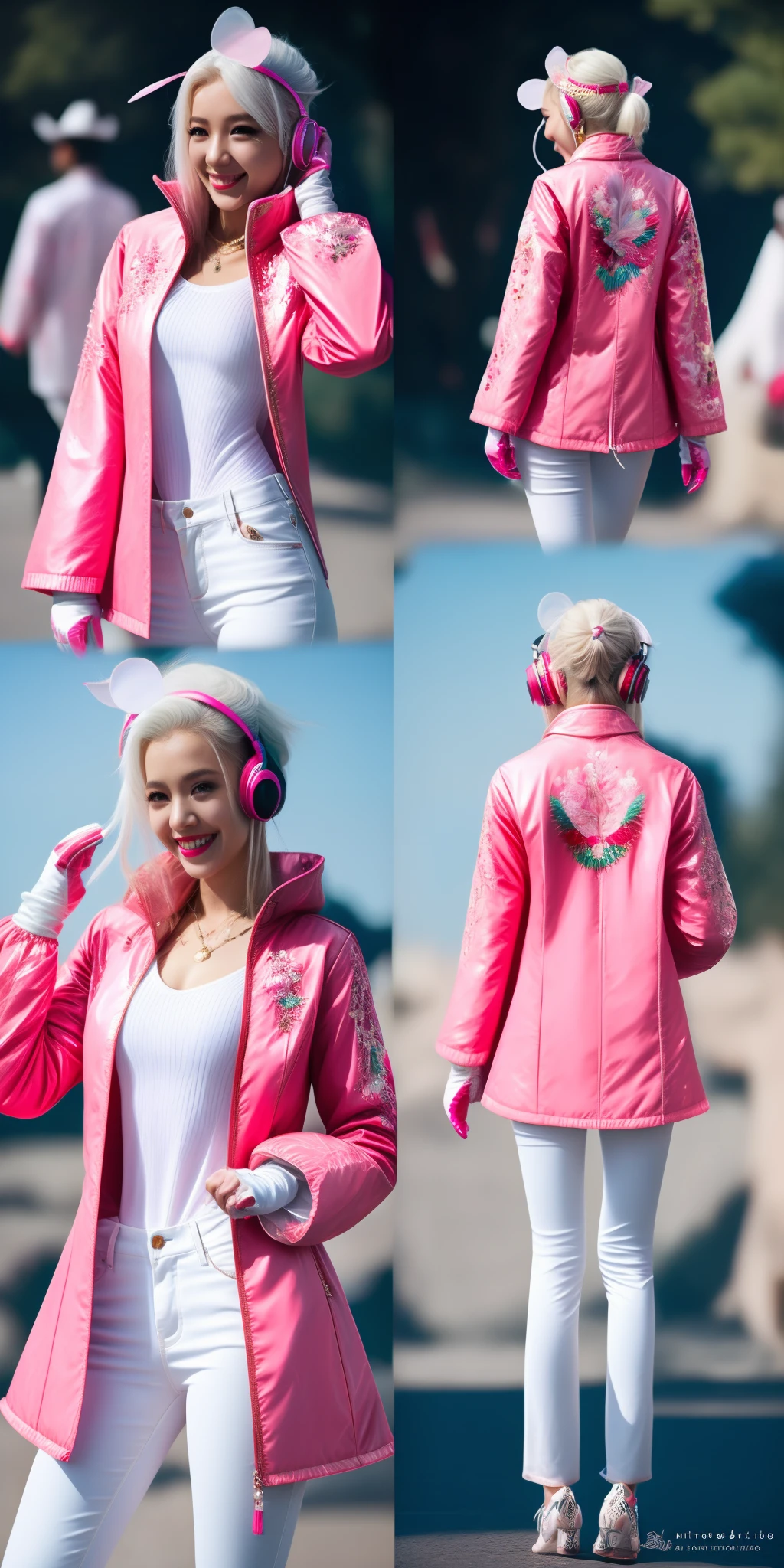 (RAW photo, best quality, masterpiece:1.2), (realistic, photo-realistic:1.4),(masterpiece:1.4),(best quality:1.4),1girl, solo, :d, animal ear headphones, animal ears, arms up, bangs, blush, bodysuit, breasts, bunny pose, clothes writing, covered navel, cowboy shot, cropped jacket, fake animal ears, gloves, outdoor,morning,snow, hair intakes, headphones, impossible bodysuit, impossible clothes, jacket, large breasts, latex, latex bodysuit, long hair, long sleeves, looking at viewer, large breasts, multicolored gloves, open mouth, pink bodysuit, pink eyes, red eyes, red jacket, shiny clothes, shrug \(clothing\), sidelocks, skin tight, smile, thigh gap, thighs, twintails, very long hair, white gloves, white hair,alice \(nikke\),(shiny skin),realistic,