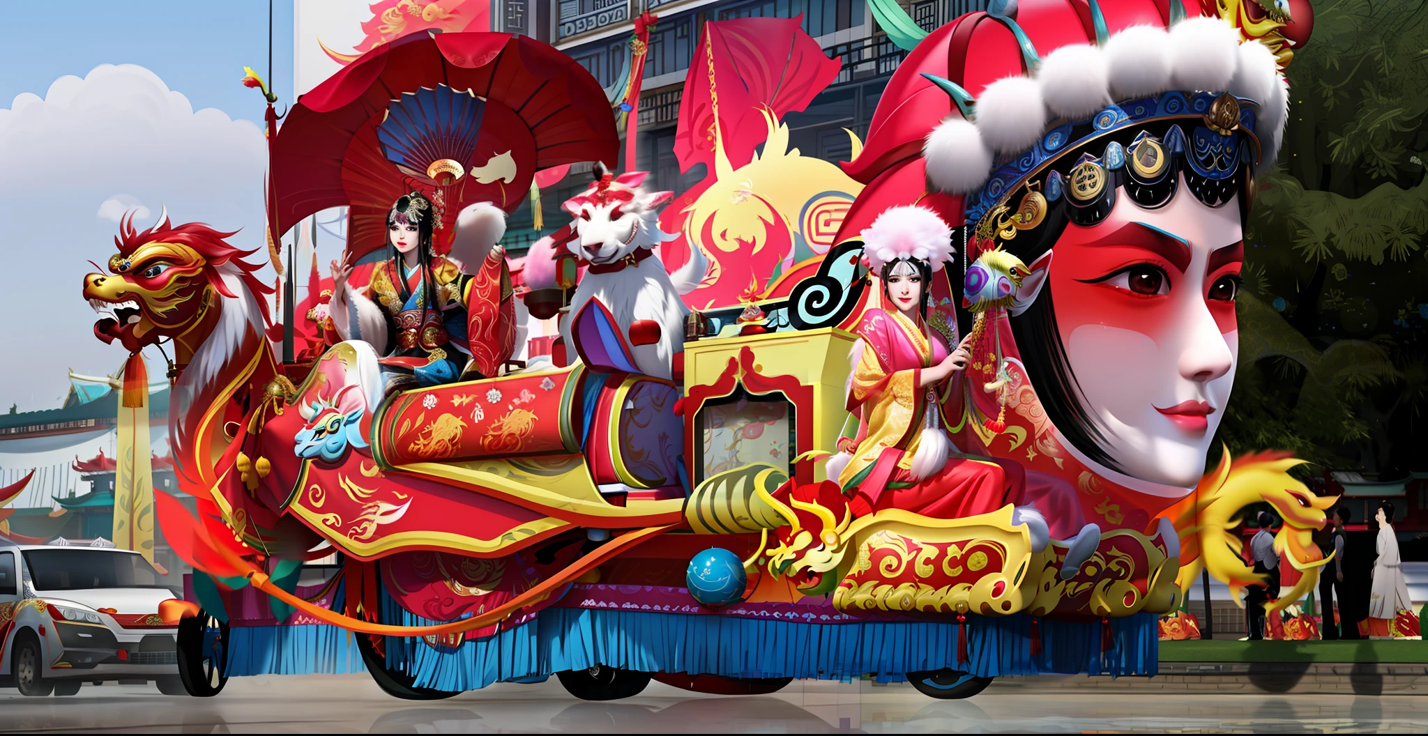 Aarafi floats a Peking Opera face, Float Carnival, Parade floats, yellow dragon head festival, Chinese New Year in Shanghai, Magic parade floats, beijing opera, parade, exquisite costumes, Dress up well, 中 国 鬼 节, Parade settings, Colourful, carnival, Chinese fantasy, dreamland of chinese