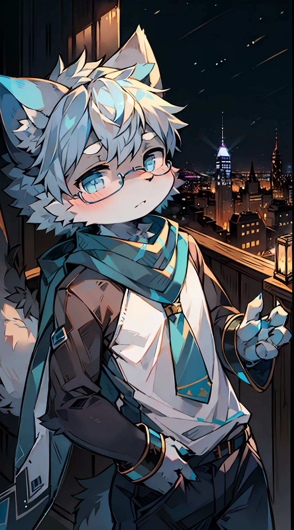 Highest image quality,Delicate painting style,Perfect hook line,tmasterpiece,Delicate skin,Delicate hair,Complete work,A masterpiece,Delicate hands,Delicate eyes,Normaleyes,Gray cat ears,Furry,Black-framed round glasses,blue color eyes,Handsome,(White scarf),Cat style,Shota,cyber punk perssonage,Blue pupil,city night scene,Gray crystal wings,Dappled light and shadow,boy,God's eyes are bright,Fragments of crystals in the air,城市,Gray fur。