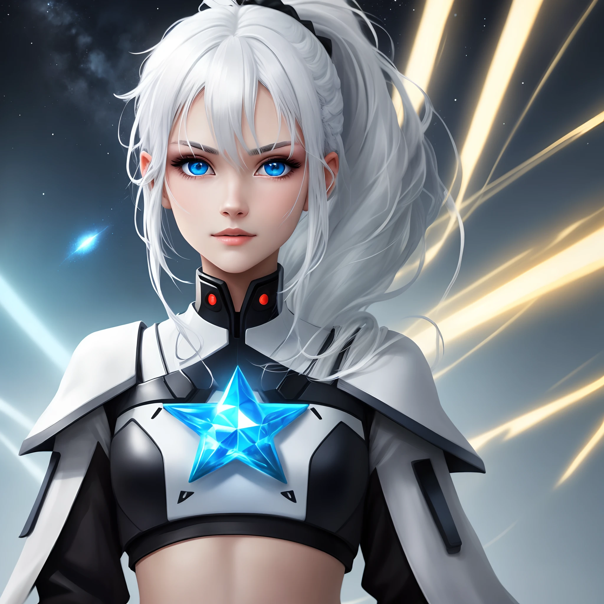 Girl with white hair, high ponytail and blue eyes，Star element，high - tech，Neutral