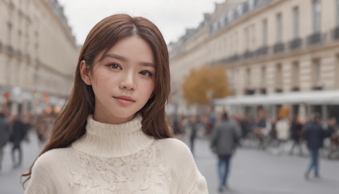 (8K、top-quality、masterpiece:1.2)、 (realisitic、Photorealsitic:1.37)、 ultra-detailliert、DJ Soda、 1 girl in、full body Esbian、Wearing a turtleneck sweater and skinny jeans、Stand in the streets of Paris with the Arc de Triomphe in the background、 cute little、独奏、 Beautiful detailed sky、 (A smile:1.15)、(Mouth closed)、 tiny chest、 beatiful detailed eyes、 (length hair:1.2)、 Floating Hair Novafrog Style、