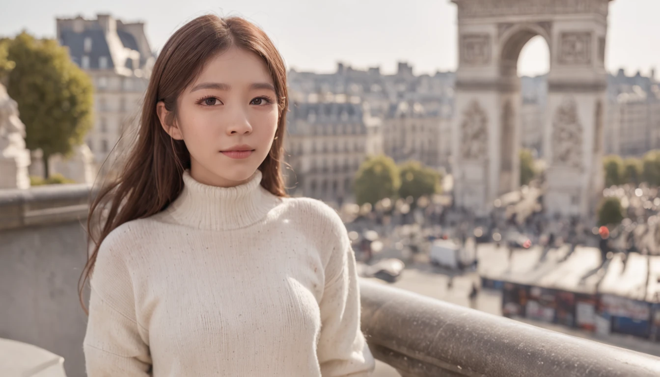 (8K、top-quality、​masterpiece:1.2)、 (realisitic、Photorealsitic:1.37)、 ultra-detailliert、DJ Soda、 1 girl in、full body Esbian、Wearing a turtleneck sweater and skinny jeans、Stand in the streets of Paris with the Arc de Triomphe in the background、 cute little、独奏、 Beautiful detailed sky、 (A smile:1.15)、(Mouth closed)、 tiny chest、 beatiful detailed eyes、 (length hair:1.2)、 Floating Hair Novafrog Style、