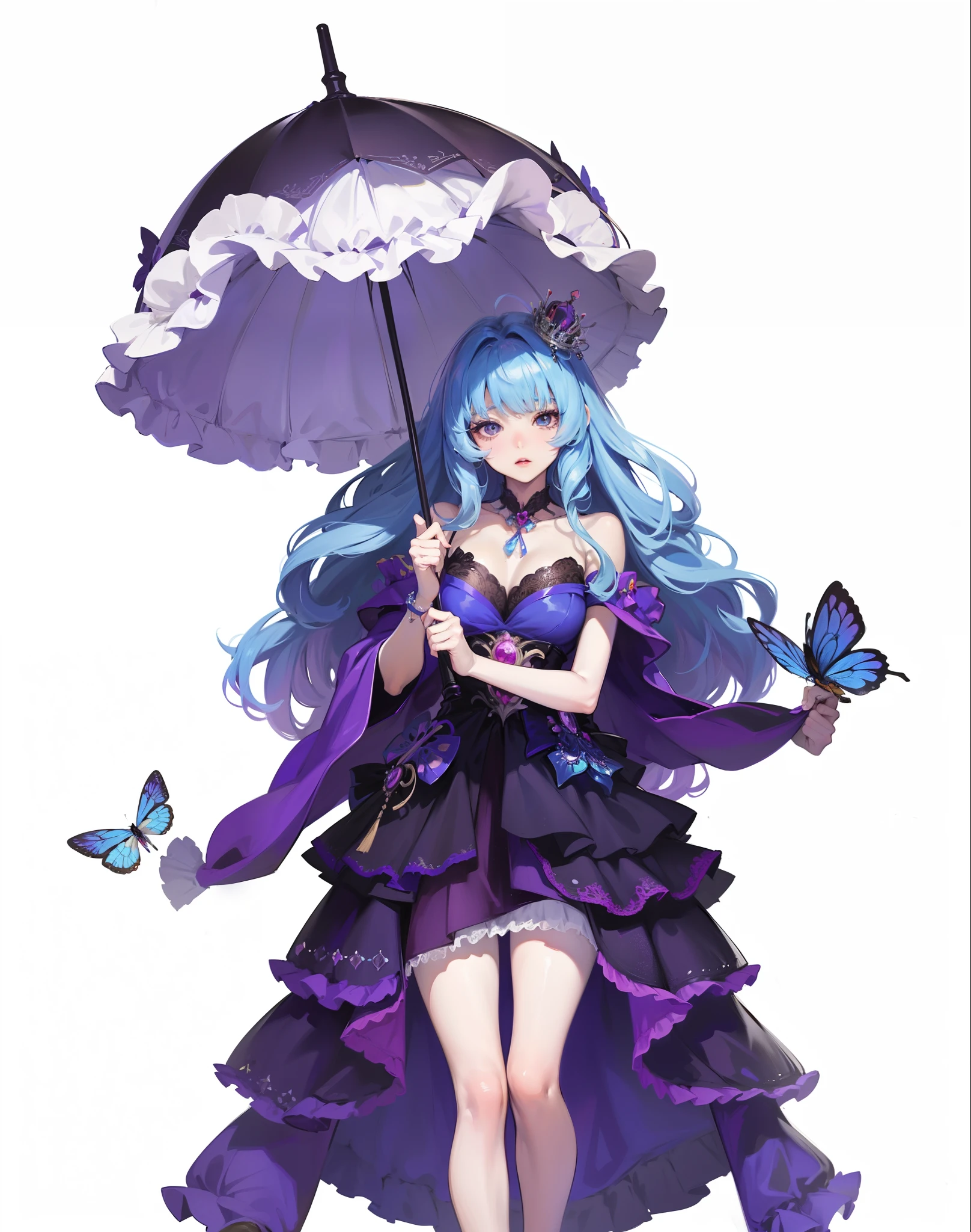 tmasterpiece,Need,super-fine,Semi-realistic，Extremely detailed Artgerm,Artistic germ style, Style Artgerm, art-style, IG model | Art germ, Art germ on ArtStation Pixiv, Art germ. High detail, Art germ. anime illustration: Anime girl with blue hair and purple dress holding umbrella, cute anime waifu in a nice dress, ((a beautiful fantasy empress)), a beautiful fantasy empress, Beautiful anime girl, anime in fantasy style, Beautiful anime woman, beautiful anime art style, Anime princess, pretty anime character design, anime full body illustration, render of april, Anime goddess，There are butterflies around