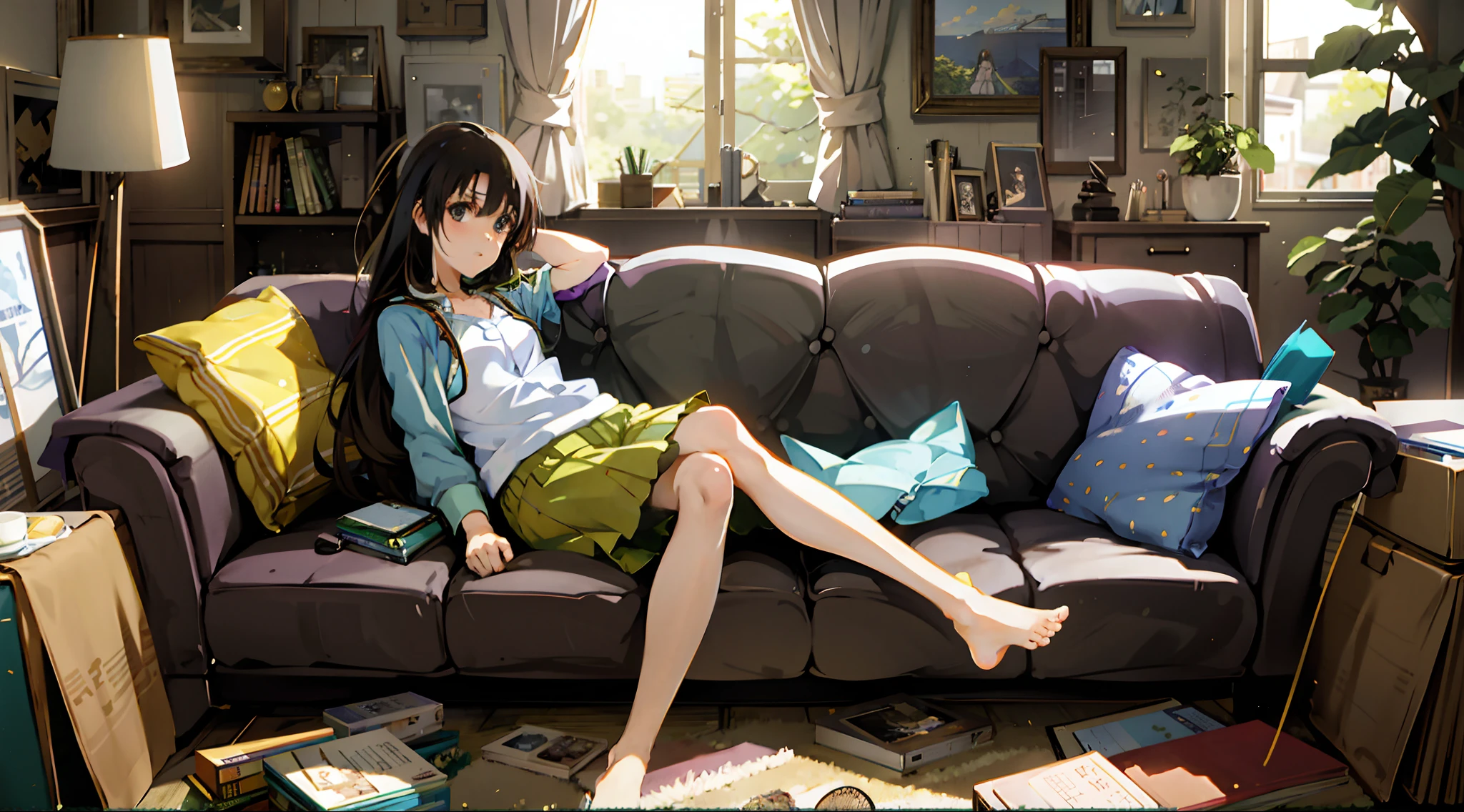 Anime girl sitting on sofa in living room with window, anime moe art style, relaxing on the couch, Sitting on the sofa, relaxing on the couch, Makoto Shinkai. a digital rendering, sitting in the couch, Smooth anime CG art, sitting in the couch, makoto shinkai art style, anime best girl, sitting in the couch