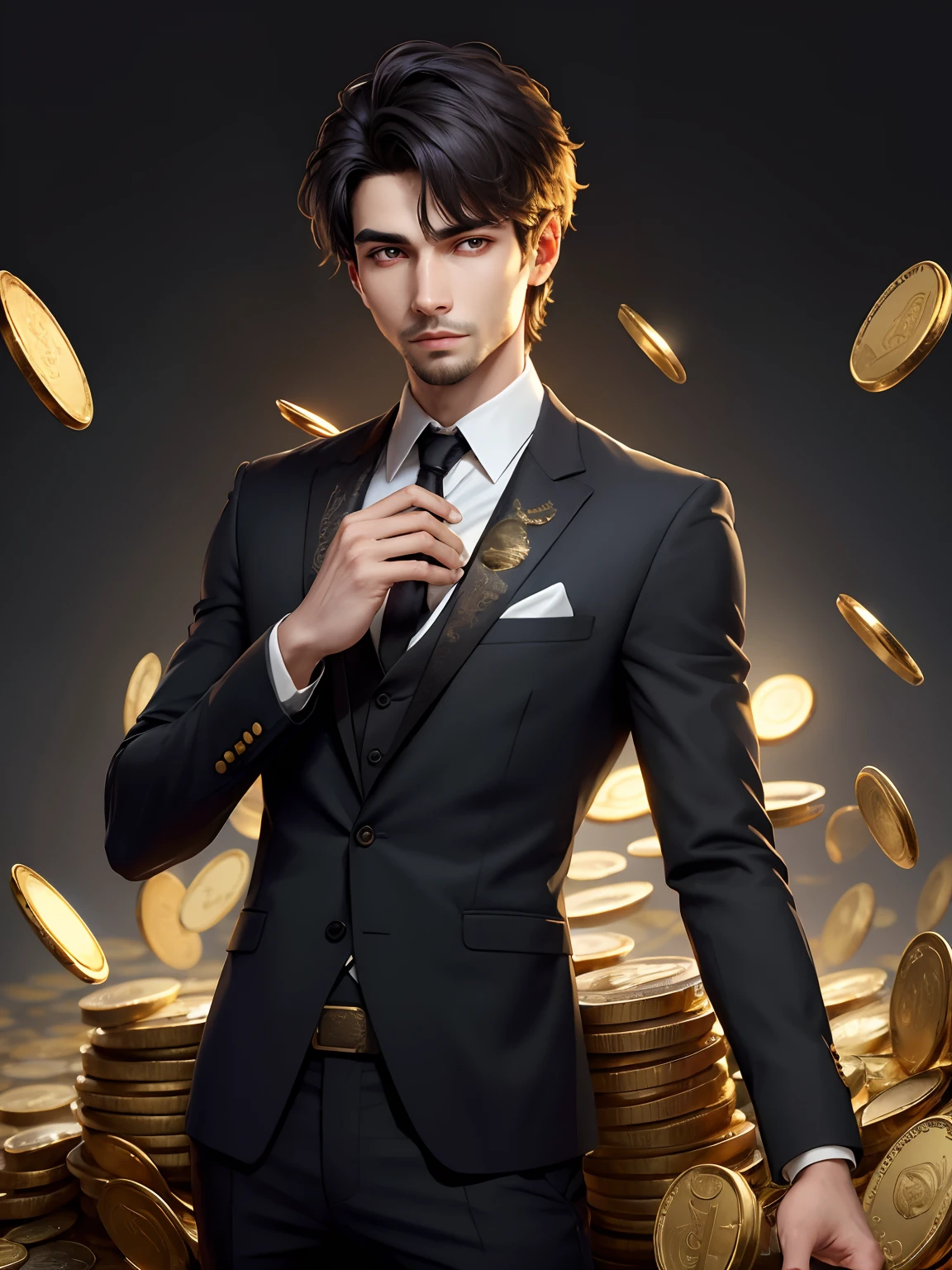 Man ,Bliyas,Solo beauty::1.5 Hold large sums of money::1.5 inches,neonlight,Night,wearing black suits,Beautiful eyes,Slender,Hold large sums of money::1.5, Feilin money,Scattered money,Monetary effects , Gold coin background, Fly money and coins,Mana Gold, Hansom