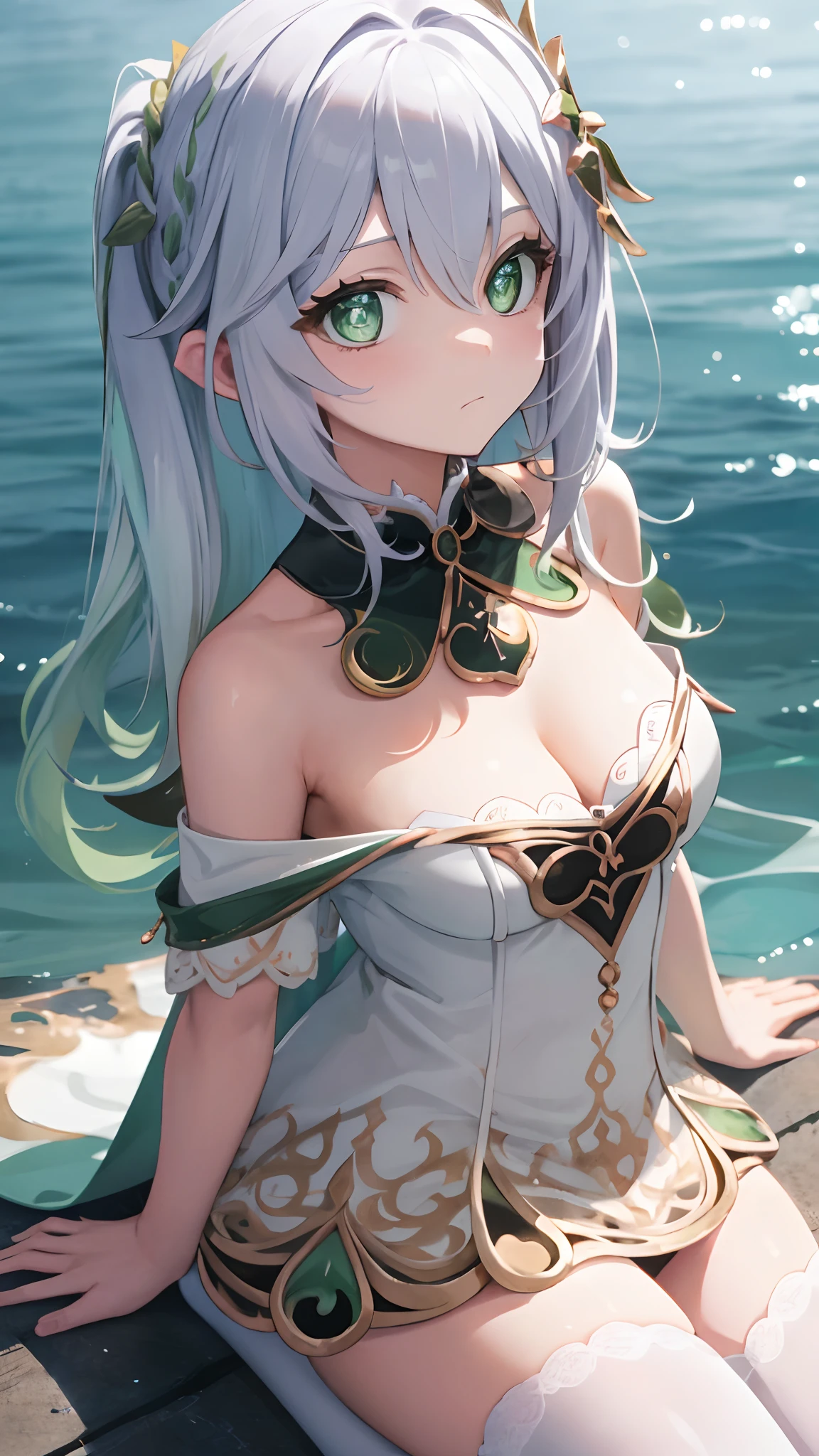 tmasterpiece，best qualtiy，Fine and detailed，A high resolution，Extremely Delicately Beautiful，（whaite hair），Close-up Shot Shot，（Green eyes），Be red in the face，cleavage，Off-the-shoulder attire， photo，perfect bodies，perfect bodies，white stockings，(Overlooking)，sea