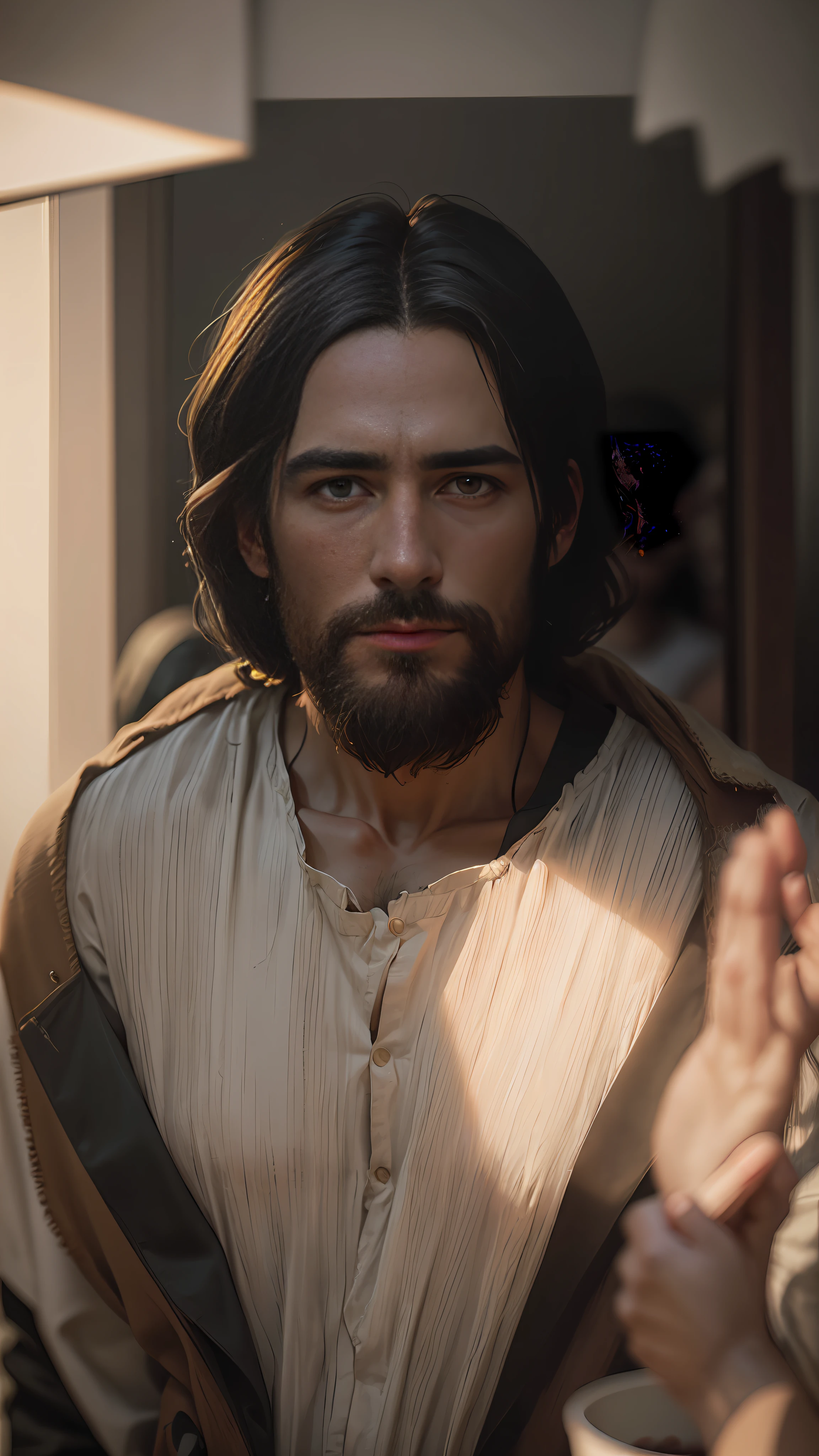 Jesus Christ, Jesus Christ of Nazareth, accompanied by the 12 apostles to go to the Last Supper. High detail, social realism, surrealism, depth of field, cinematic lighting, chromatic aberration, blur, reflection light, ray tracing, JPEG artifacts, shadow, super detail, high detail, high quality, best quality, 16k --auto --s2