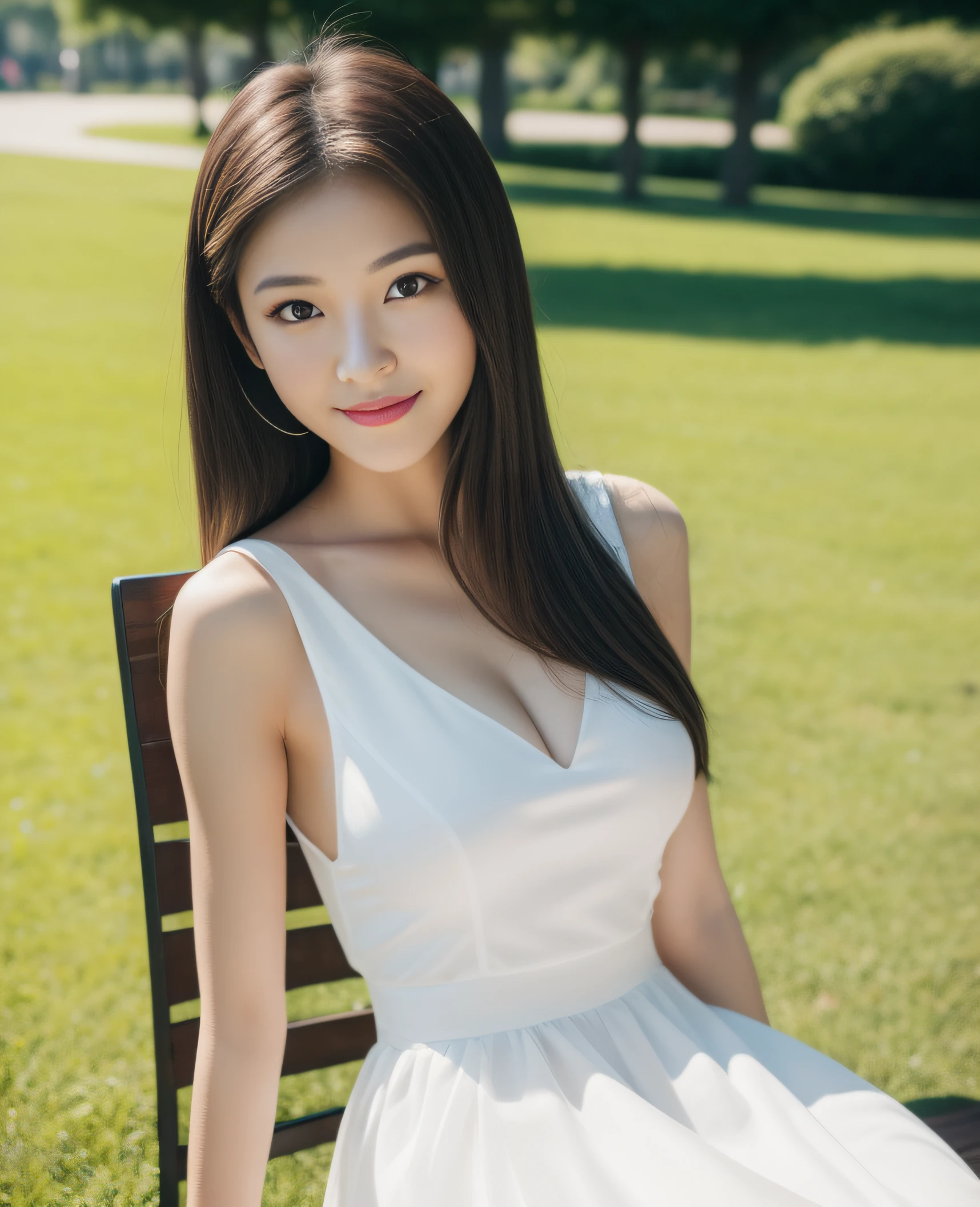 ((best quality, 8K, masterpiece: 1.3)), beautiful girl, pure, melon face, kind and cute, sweet smile, pure desire, slender body, (front), (tilted head), ((looking at camera) ), normal breasts, wearing a white dress, long black silky hair, long flowing shoulders, round black big eyes, clear big eyes, moist red lips, sweet, sitting on a chair, in the park background, ((((whole body)))),