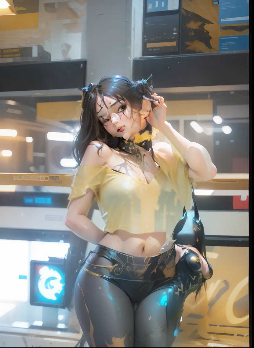 beautiful Caucasian woman, shoulder length messy hair, black an gold pvc catsuit, happy, Full body, Beautiful anime waifu style girl, hyperdetailed painting, luminism, art by Carne Griffiths and Wadim Kashin concept art, 4k resolution, fractal isometrics details bioluminescence , 3d render, octane render, intricately detailed , cinematic, trending on artstation Isometric Centered hyperrealistic cover photo awesome full color, hand drawn , gritty, realistic mucha , intricate, hit definition , cinematic,Rough sketch, bold lines, on paper,