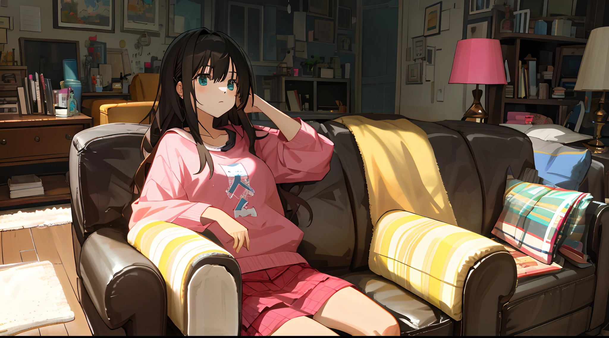 A casual girl sits in a cluttered room(sit single sofa)Upp(pondering)。(Expression distressed)