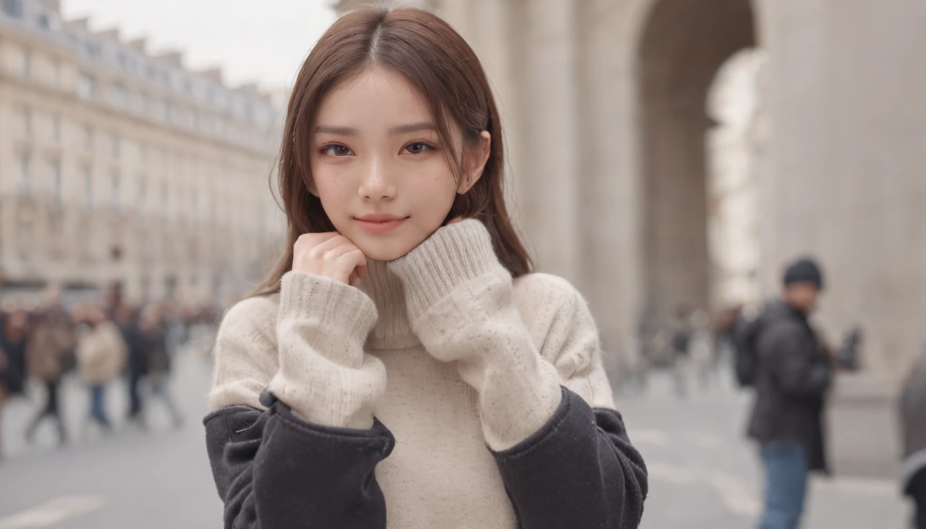 (8K、top-quality、masterpiece:1.2)、 (realisitic、Photorealsitic:1.37)、 ultra-detailliert、DJ Soda、 1 girl in、full body Esbian、Wearing a turtleneck sweater and skinny jeans、Stand in the streets of Paris with the Arc de Triomphe in the background、 cute little、独奏、 Beautiful detailed sky、 (A smile:1.15)、(Mouth closed)、 tiny chest、 beatiful detailed eyes、 (length hair:1.2)、 Floating Hair Novafrog Style、
