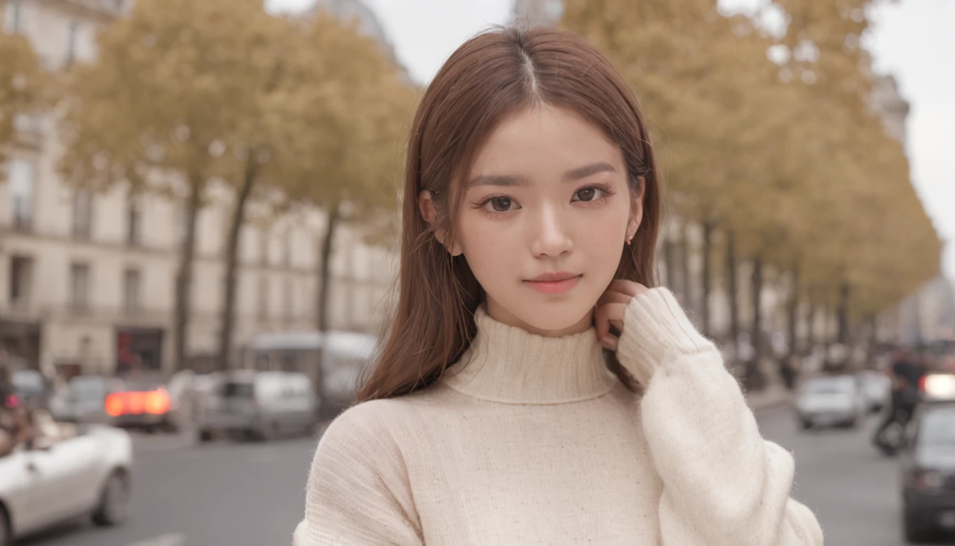 (8K、top-quality、masterpiece:1.2)、 (realisitic、Photorealsitic:1.37)、 ultra-detailliert、DJ Soda、 1 girl in、full body Esbian、Wearing a turtleneck sweater and skinny jeans、Stand in the streets of Paris with the Arc de Triomphe in the background、 cute little、独奏、 Beautiful detailed sky、 (A smile:1.15)、(Mouth closed)、 tiny chest、 beatiful detailed eyes、 (length hair:1.2)、 Floating Hair Novafrog Style、