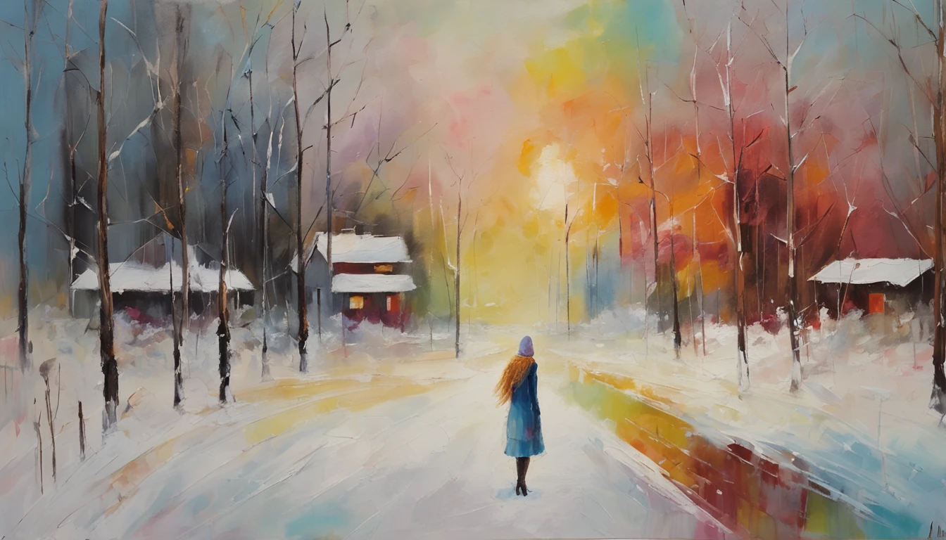 anime girl, 1girl, snowy winter night, faraway shot, looking at camera
