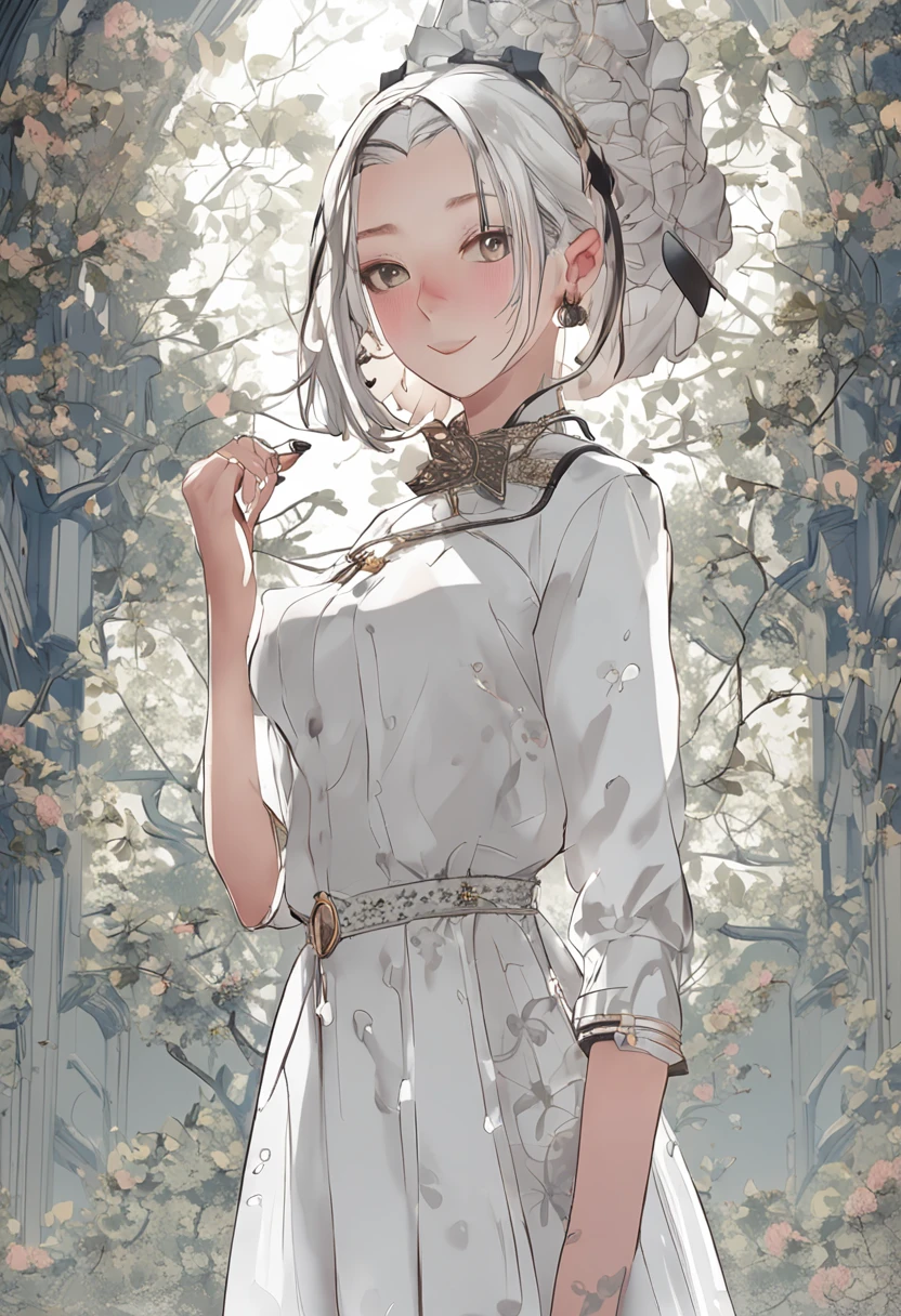 Idade:17 years old
skin:Snow-white skin
system:slender
hairdo:short hair
hair color:white
Breast size:big
clothing(The upper part of the body):White shirt
dress(lowerbody):White stockings
shoes:White loafers
undergarments:White bra and shorts
ornament:White headband