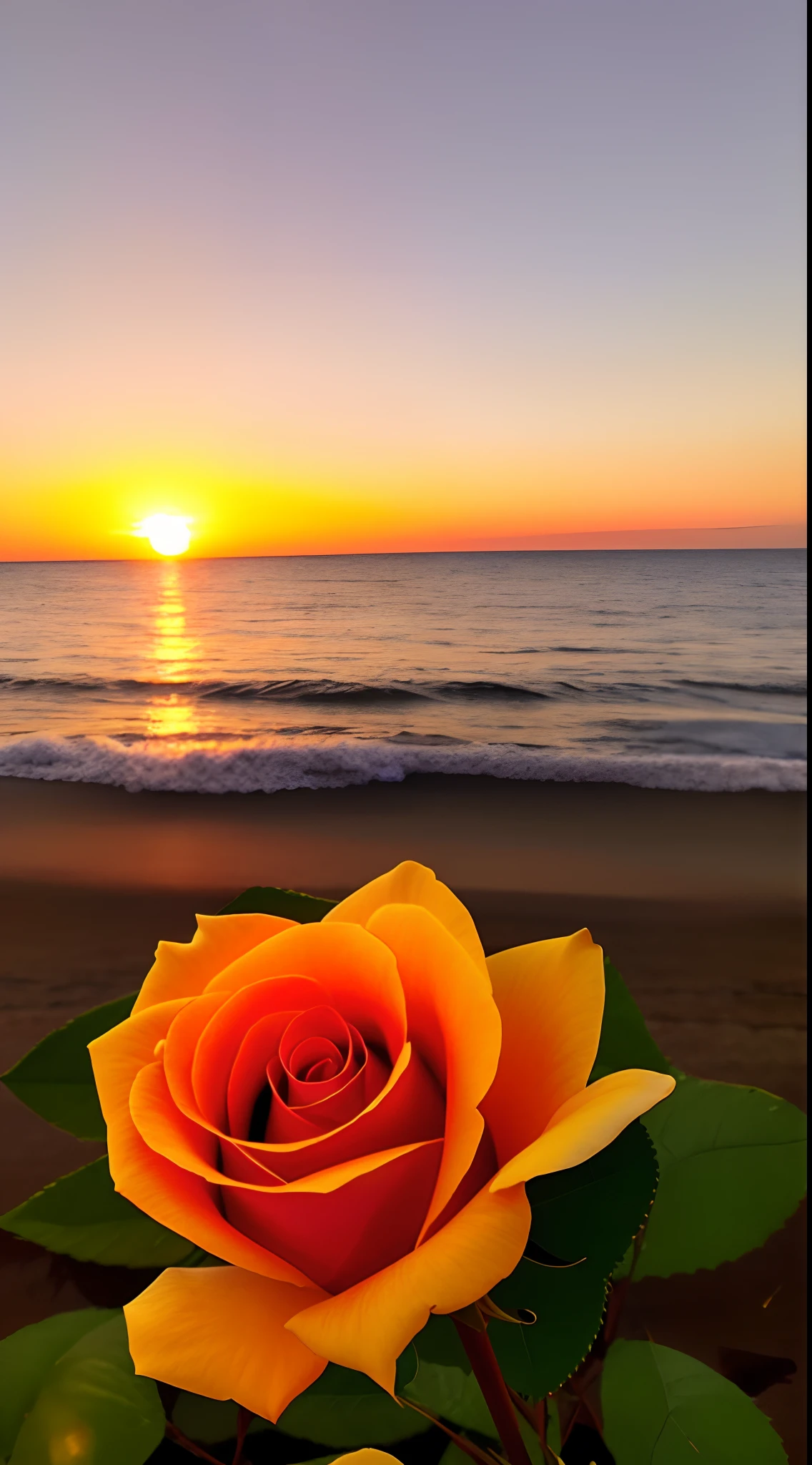 Close-up shot, a rose flower, the background is the gorgeous sunset by the sea, real texture, warm