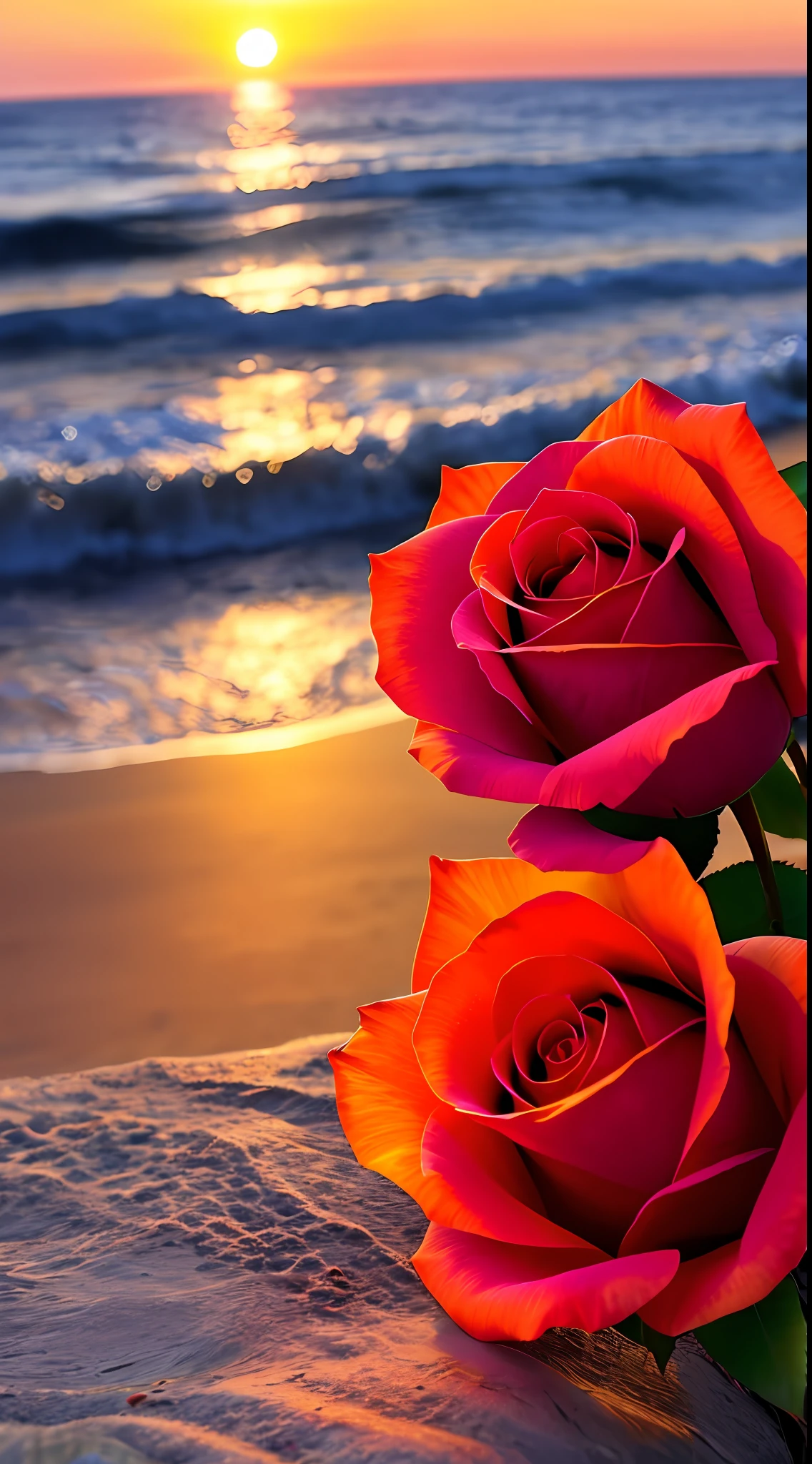 Close-up shot, a rose flower, the background is the gorgeous sunset by the sea, real texture, warm