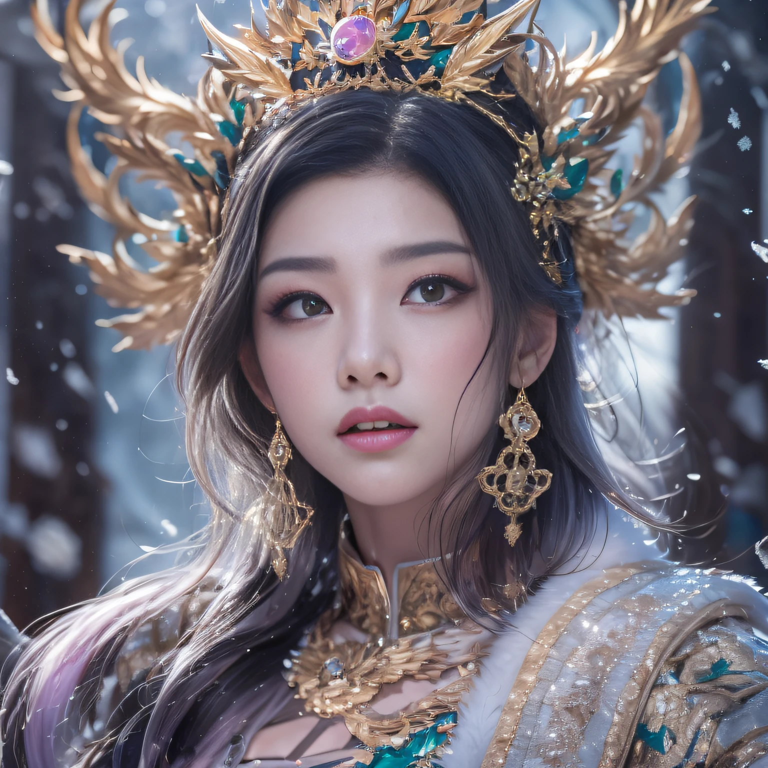 32K(tmasterpiece,k hd,hyper HD,32K)Purple-pink flowing hair,Gold jewelry area in the back room,King Girl ,Silver Dragon Protector (realisticlying:1.4),Python pattern robe,Purple-pink tiara,Snowflakes fluttering,The background is pure,Hold your head high,Be proud,The nostrils look at people, A high resolution, the detail, RAW photogr, Sharp Re, Nikon D850 Film Stock Photo by Jefferies Lee 4 Kodak Portra 400 Camera F1.6 shots, Rich colors, ultra-realistic vivid textures, Dramatic lighting, Unreal Engine Art Station Trend, cinestir 800,Hold your head high,Be proud,The nostrils look at people,Tsundere,Snowflakes fluttering,Snowflakes fluttering,Snowflakes fluttering,Snowflakes fluttering