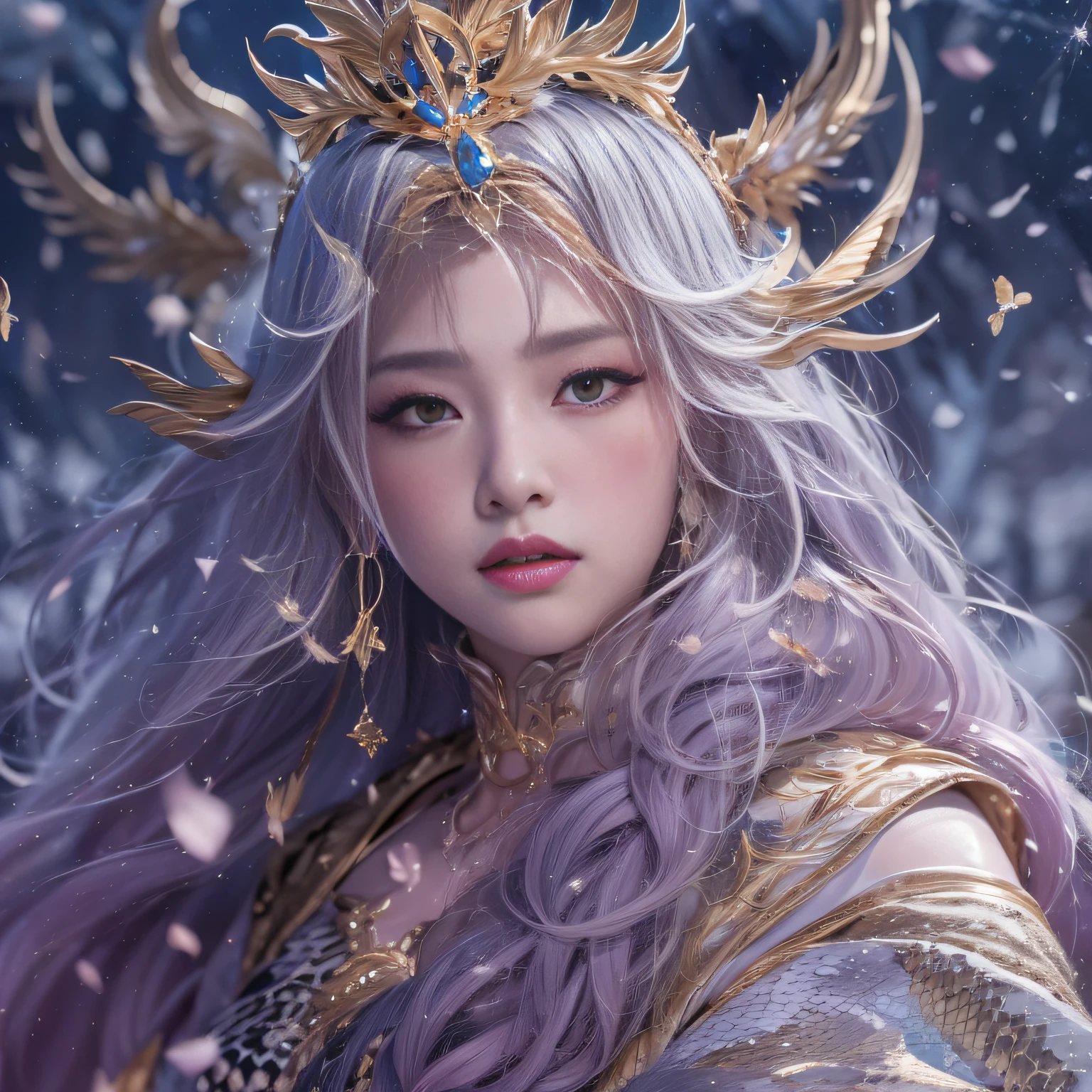 32K(tmasterpiece,k hd,hyper HD,32K)Purple-pink flowing hair,Gold jewelry area in the back room,King Girl ,Silver Dragon Protector (realisticlying:1.4),Python pattern robe,Purple-pink tiara,Snowflakes fluttering,The background is pure,Hold your head high,Be proud,The nostrils look at people, A high resolution, the detail, RAW photogr, Sharp Re, Nikon D850 Film Stock Photo by Jefferies Lee 4 Kodak Portra 400 Camera F1.6 shots, Rich colors, ultra-realistic vivid textures, Dramatic lighting, Unreal Engine Art Station Trend, cinestir 800,Hold your head high,Be proud,The nostrils look at people,Tsundere,Snowflakes fluttering,Snowflakes fluttering,Snowflakes fluttering,Snowflakes fluttering