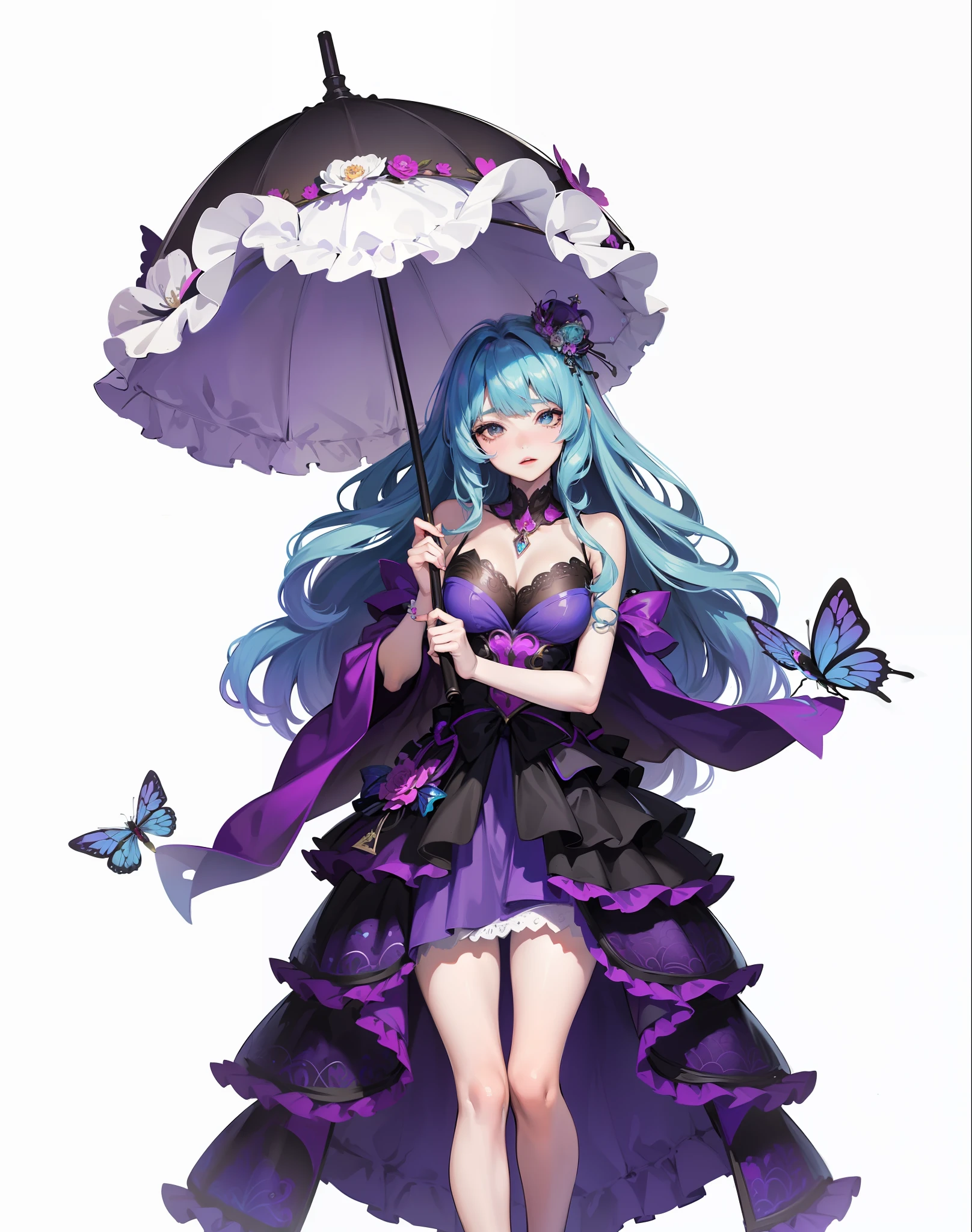 tmasterpiece,Need,super-fine,Semi-realistic，Extremely detailed Artgerm,Artistic germ style, Style Artgerm, art-style, IG model | Art germ, Art germ on ArtStation Pixiv, Art germ. High detail, Art germ. anime illustration: Anime girl with blue hair and purple dress holding umbrella, cute anime waifu in a nice dress, ((a beautiful fantasy empress)), a beautiful fantasy empress, Beautiful anime girl, anime in fantasy style, Beautiful anime woman, beautiful anime art style, Anime princess, pretty anime character design, anime full body illustration, render of april, Anime goddess，There are butterflies around