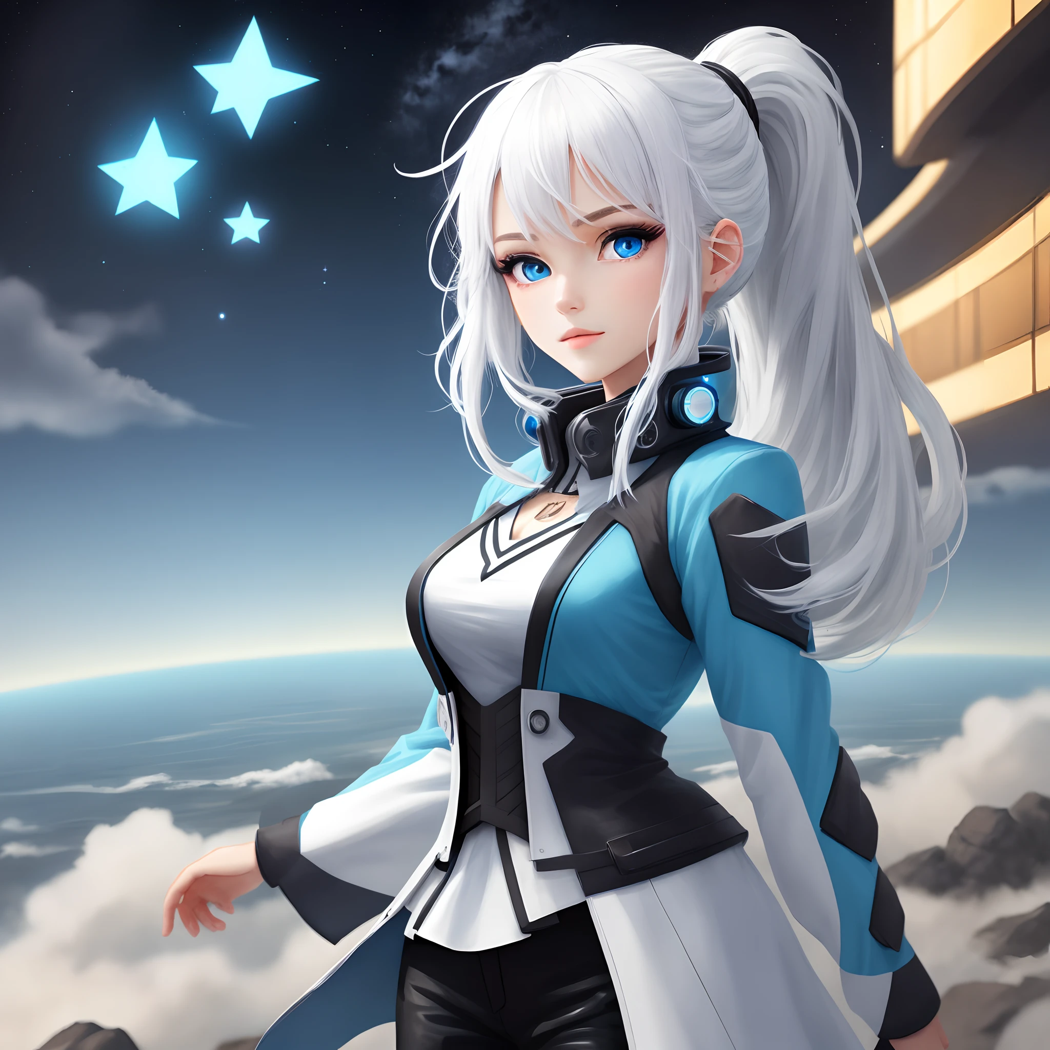 Girl with white hair, high ponytail and blue eyes，Star element，high - tech，Neutral