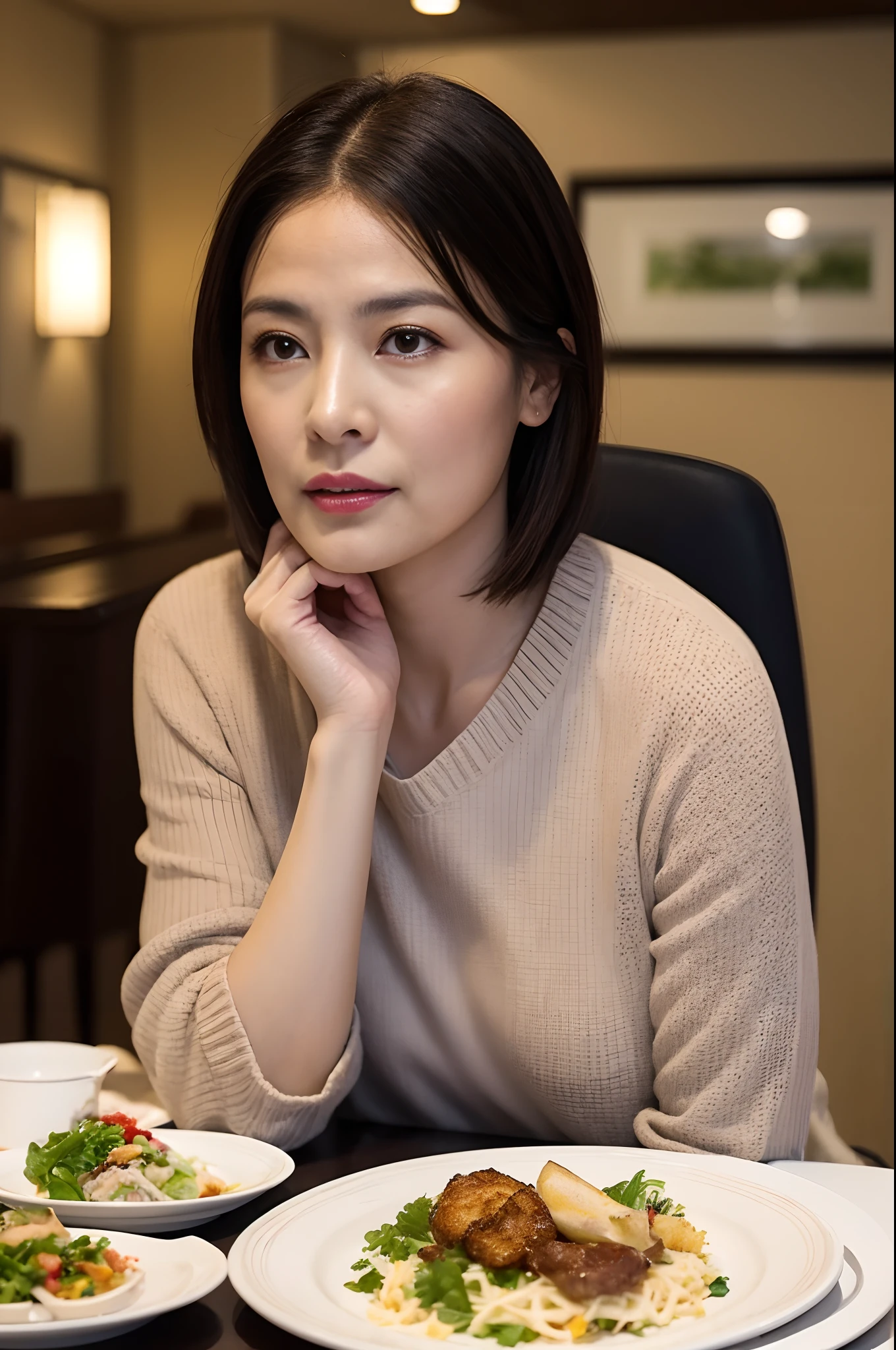 ((top-quality、8K分辨率、Master masterpiece、Portrait:1.3)), Photorealsitic, foco nítido, high-level image quality, hight resolution, Portrait, Solo, (Looking away:1.3), (1人の女性:1.5), japanes, Beautie, 30-years old, (Wrinkles at the corners of the eyes:0.1), Woman sitting at table with two plates of food and a glass of water,