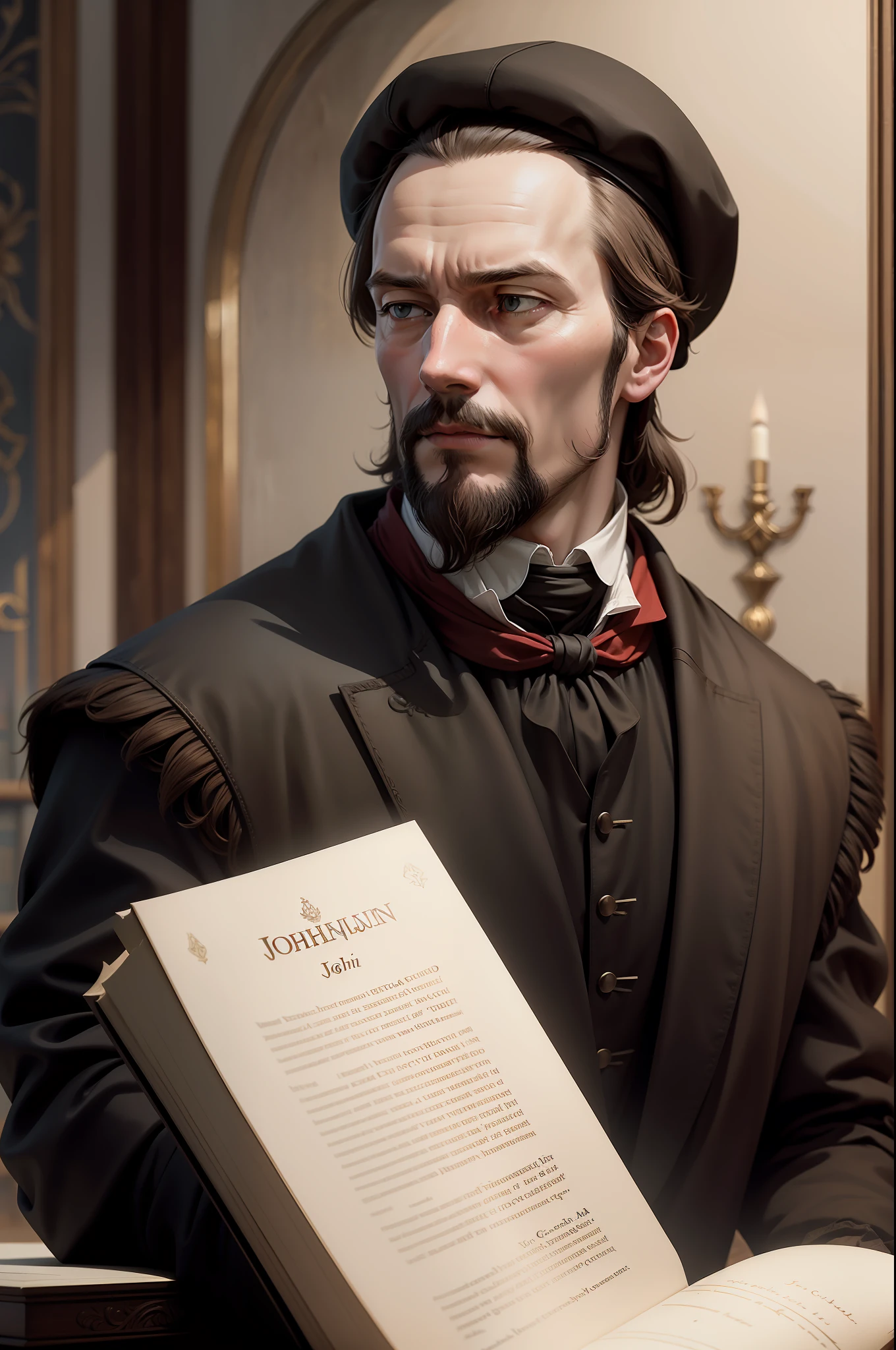 "Realistic portrayal of John Calvin, the influential reformer from Geneva."