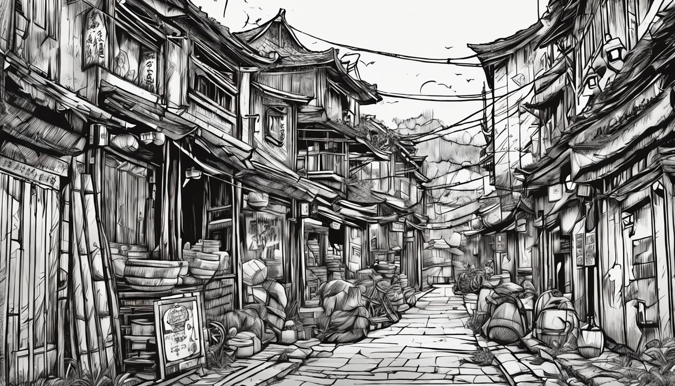Comic beauty close-up，Around twenty years old，The background is the streets of the ancient town，There are lanterns。black and white sketch