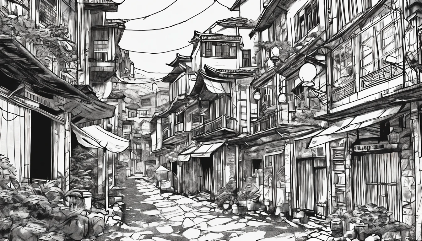 Comic beauty close-up,Around twenty years old,The background is the streets of the ancient town,There are lanterns。black and white sketch
