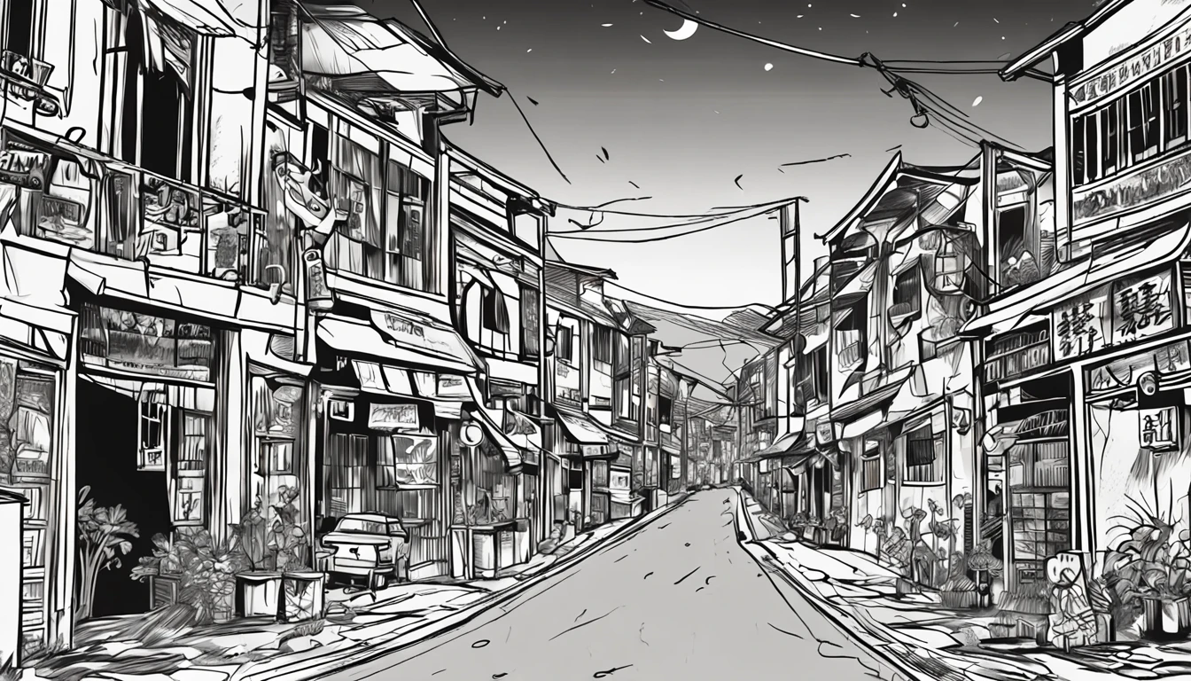 Comic beauty close-up，Around twenty years old，The background is the streets of the ancient town，There are lanterns。black and white sketch