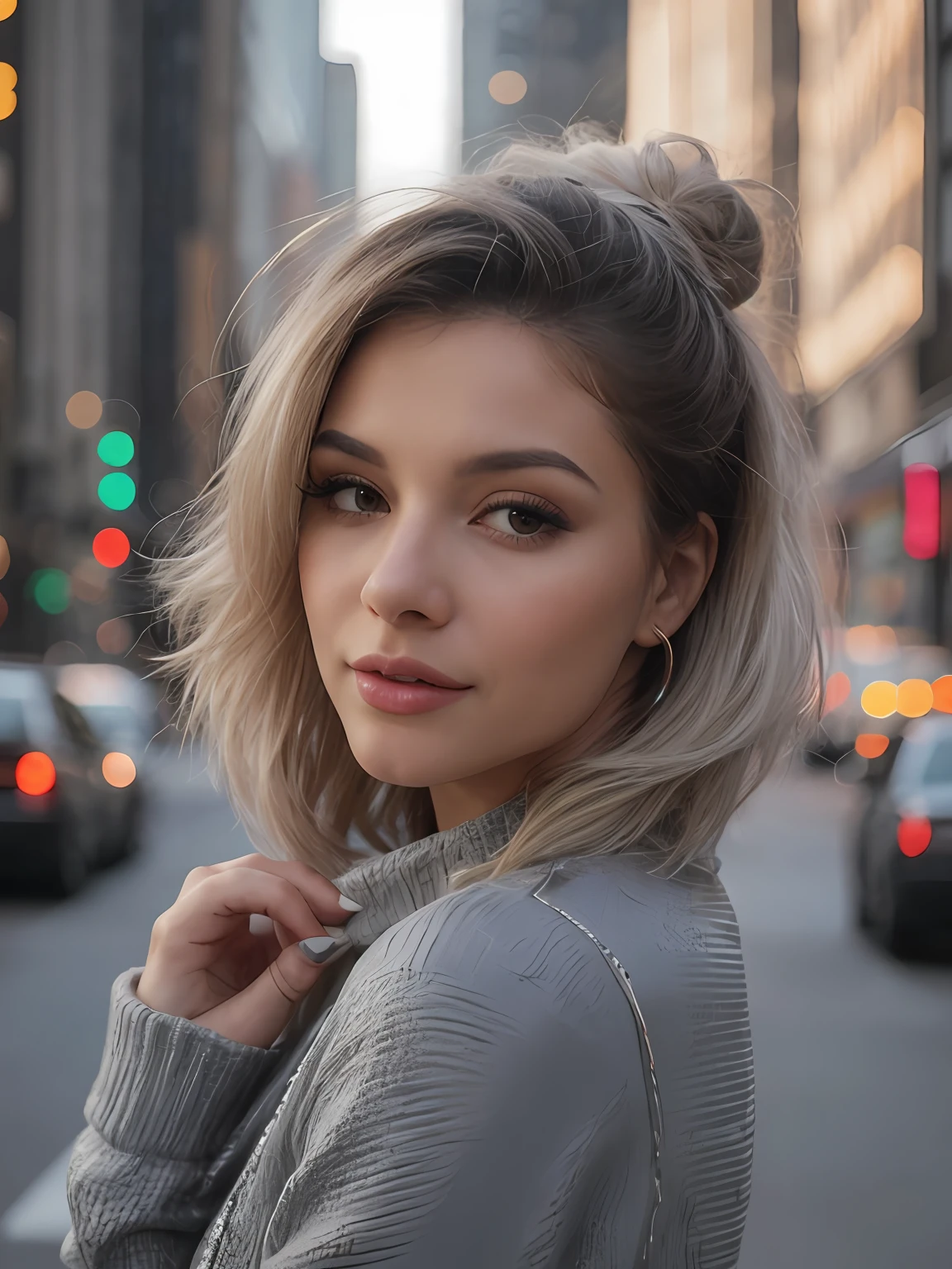 __Cor do cabelo__, mulher latina, longos cabelos, fundo da cidade de New York, inverno, profissional, 4k, disco Rigido, Hard disk, 8k, alto detalhe, Ultra Definition, ((colocar um dedo sobre a boca))