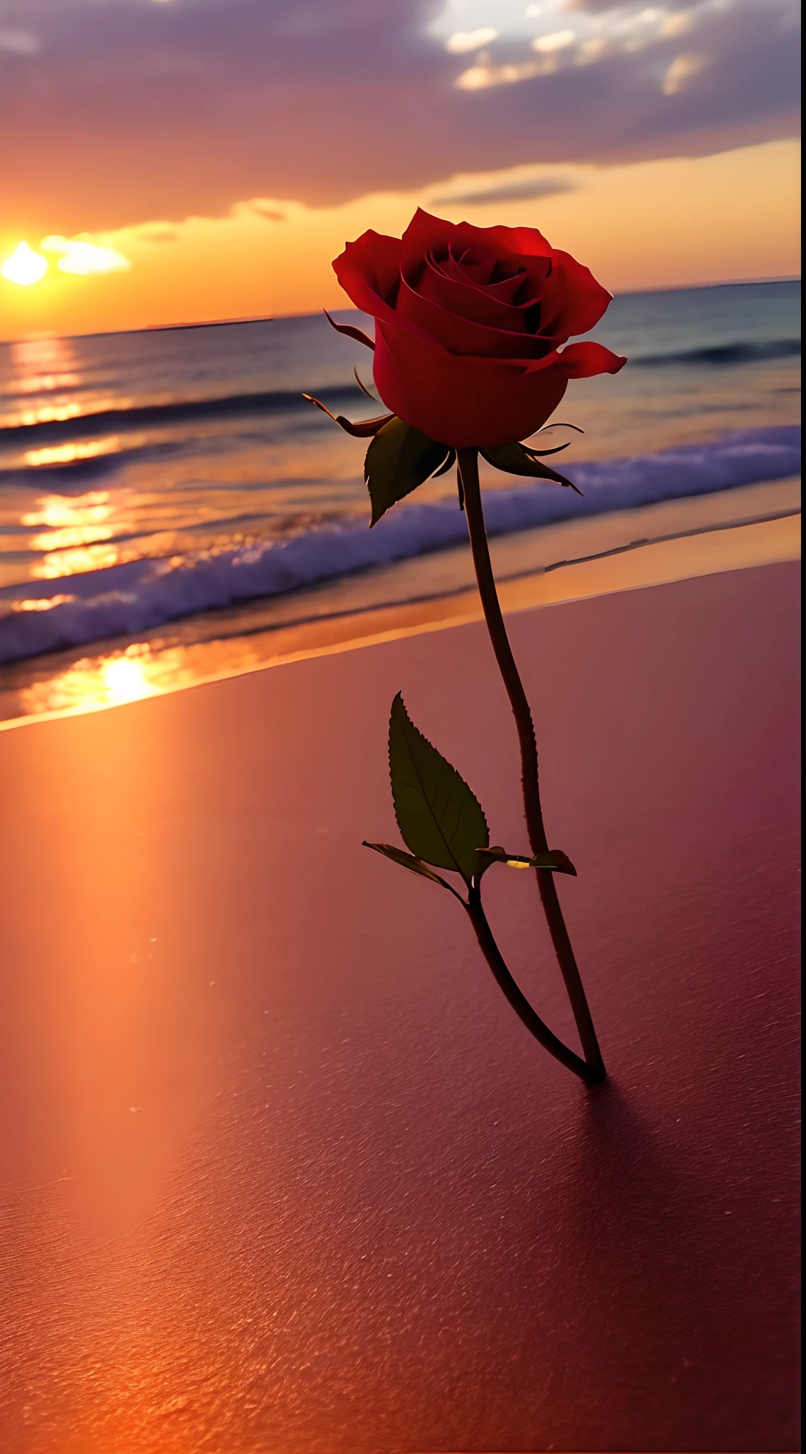 Close-up shot, a rose flower, the background is the gorgeous sunset by the sea, real texture, warm